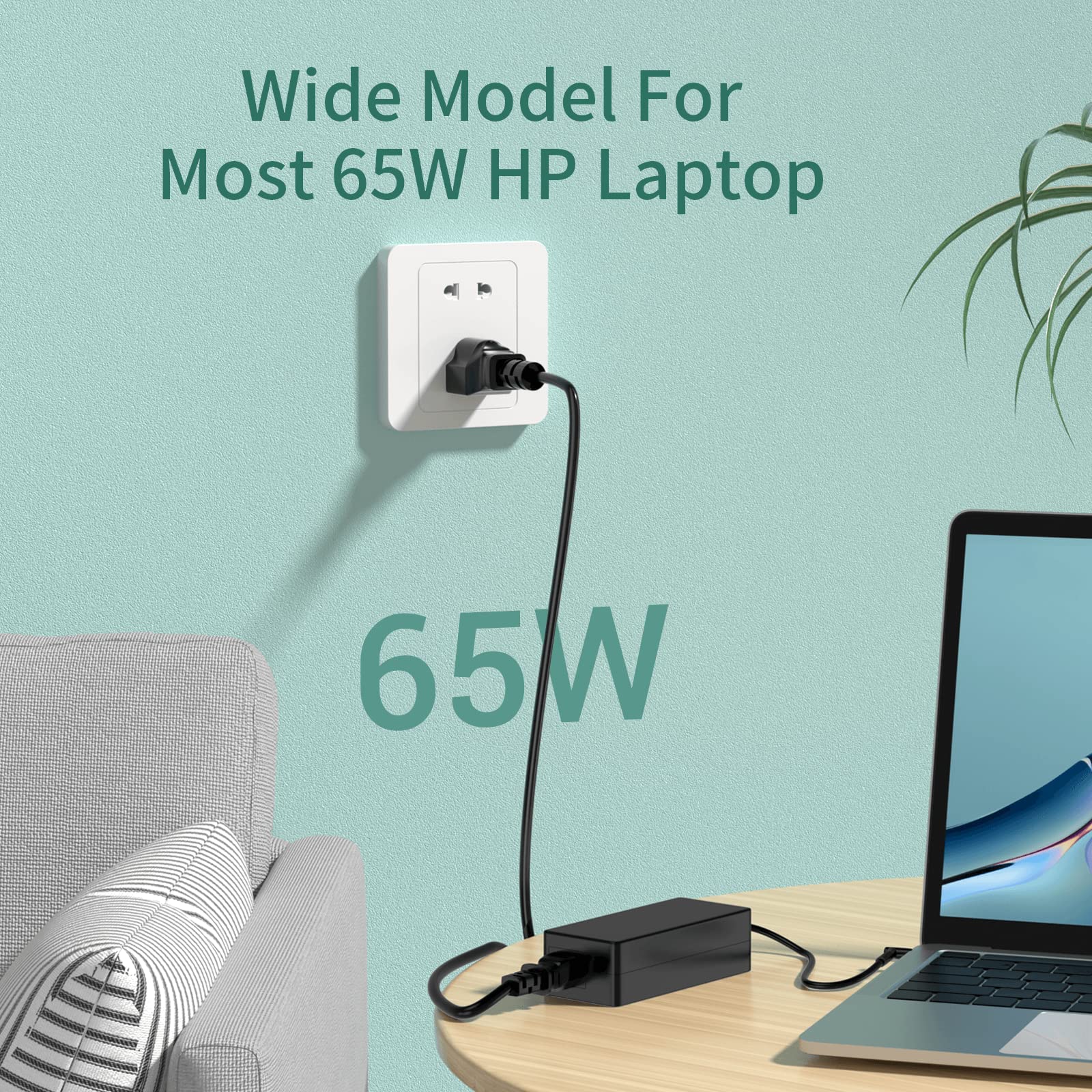 65W For Hp Laptop Charger Probook, Envy, Pavilion, Stream, Elitebook, X360 Hp Computer Charger Blue Tip Notebook Pc Ac Adapter Power Cord   10Ft