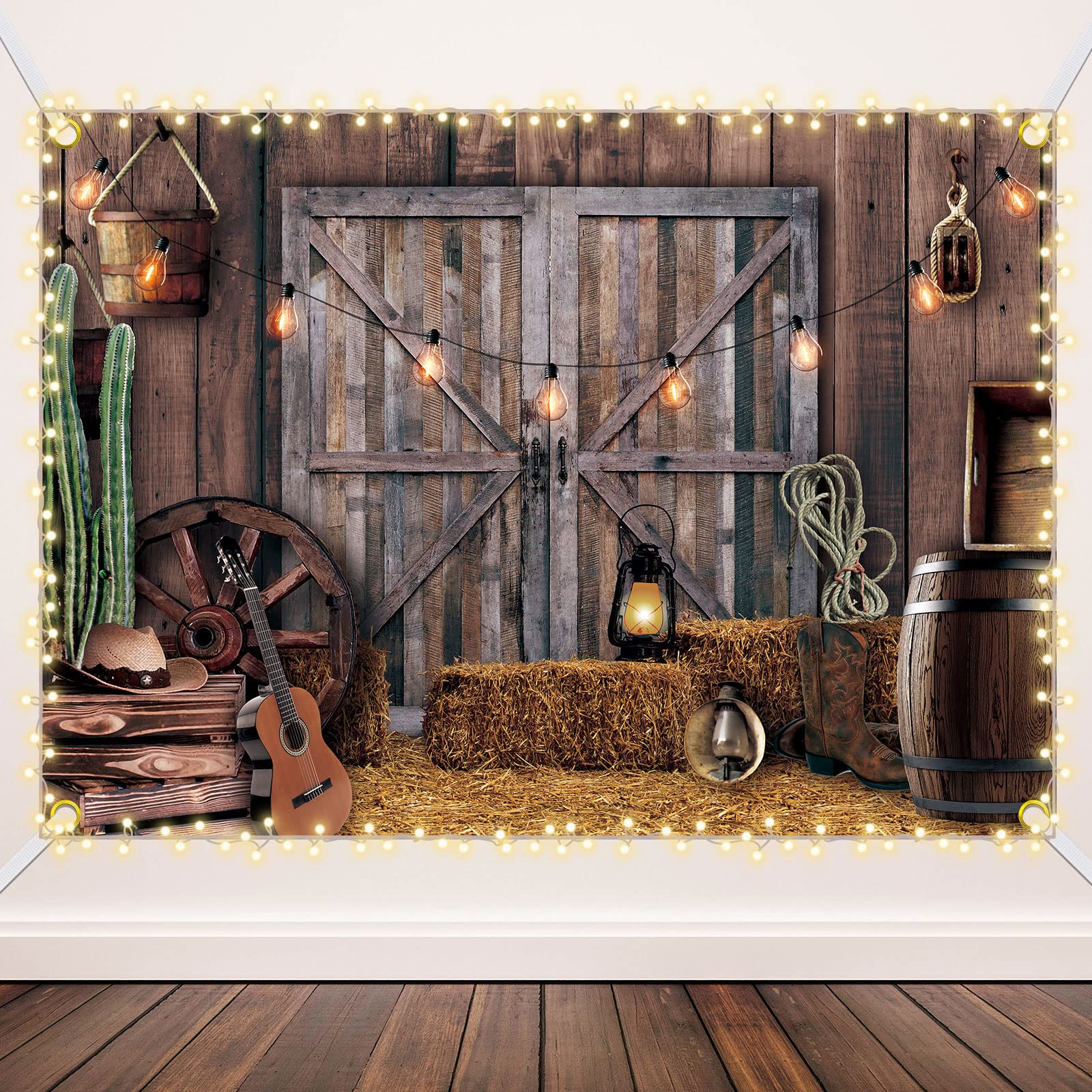 Moukeren Western Party Backdrop Western Cowboy Party Decoration Supply Wild West Decor Wooden House Barn Photo Background For Bi