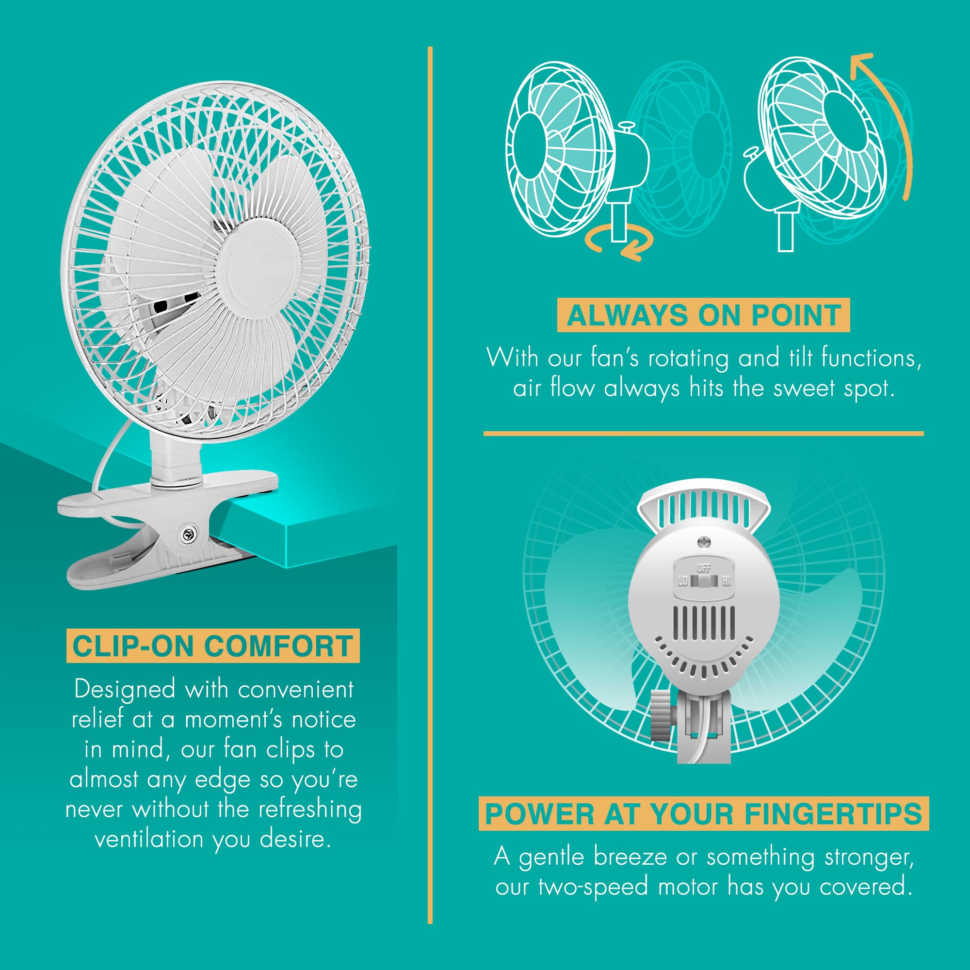 Joey'Z 6 Inch   2 Speed   Adjustable Tilt, Whisper Quiet Operation Clip On Fan With 5.5 Foot Cord And Steel Safety Grill (1, 6''