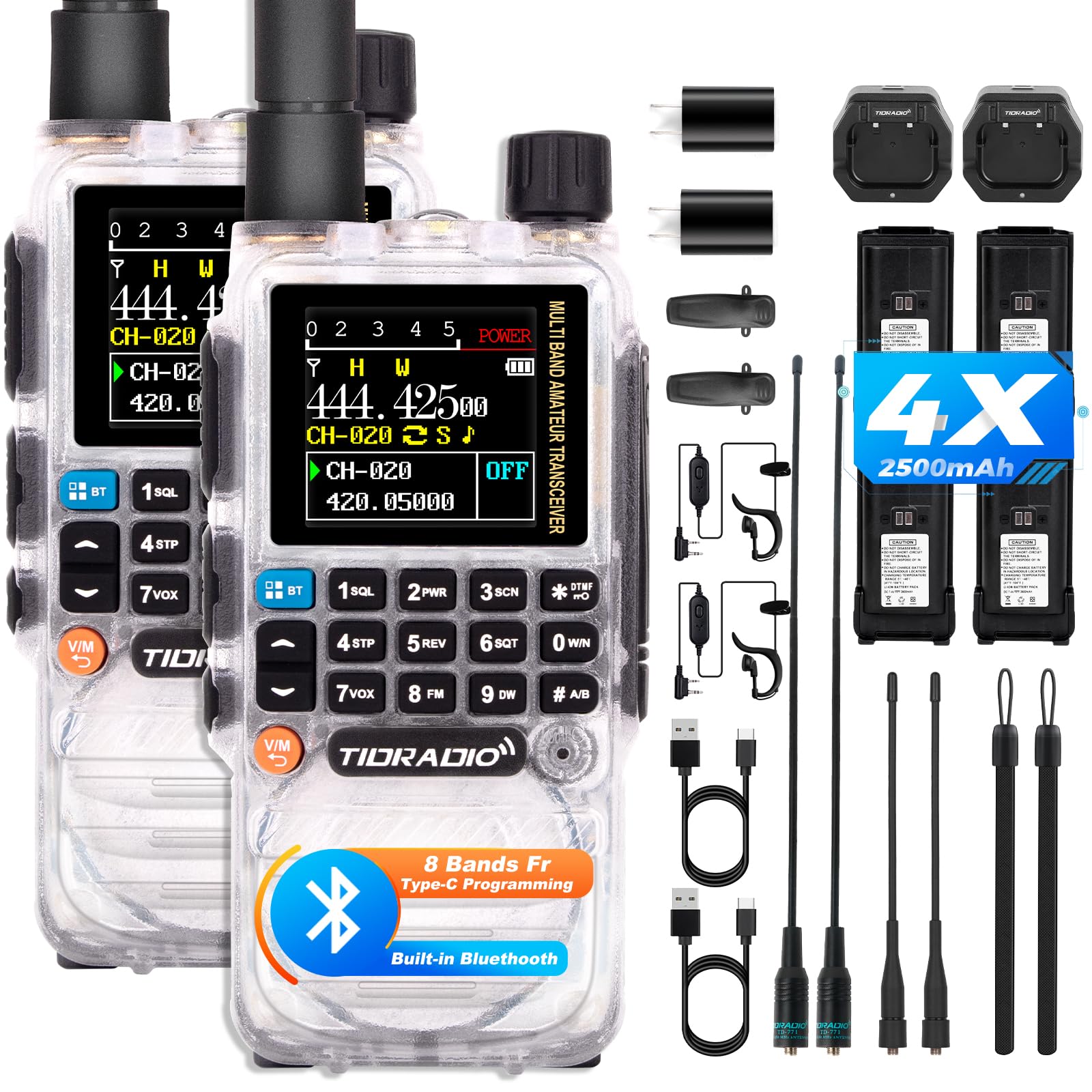 Tidradio Td H3 Ham Radio Type C & Wireless Programming(4Pcs Batteries),8 Band Long Range Walkie Talkies Rechargeable Handheld Po