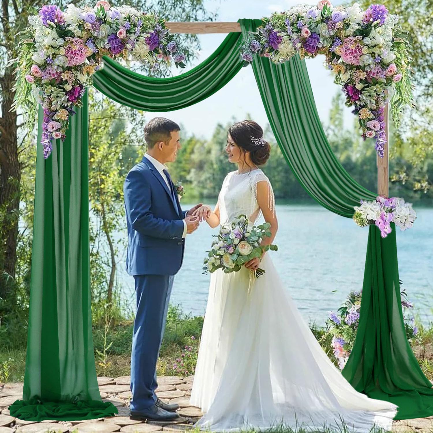 Fuhsy Wedding Arch Draping Fabric 18Ft 2 Panels Emerald Green Chiffon Fabric Drapery Sheer Curtains For Backdrop Green Drapes Tu