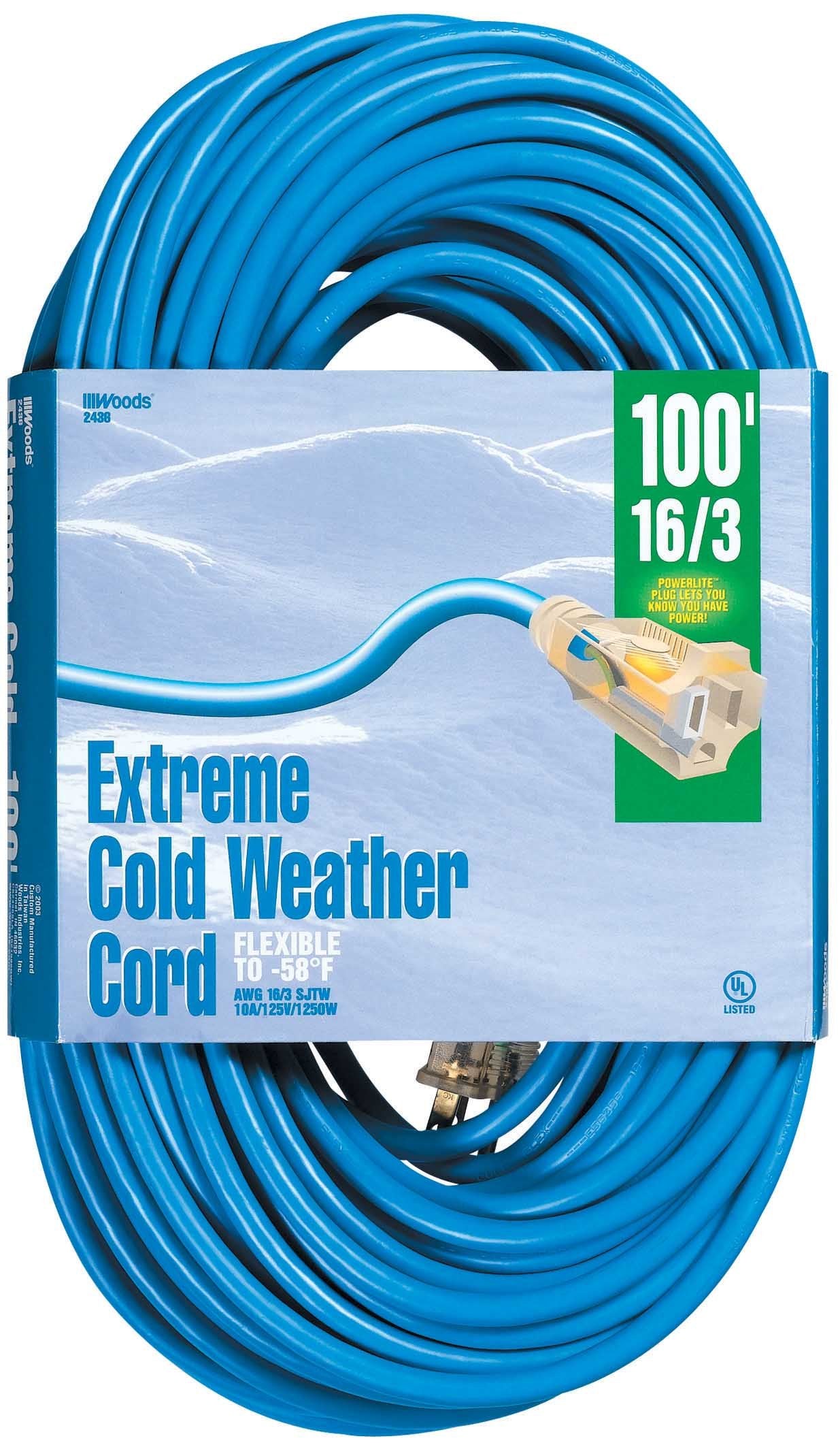 Woods 2436 16/3 Outdoor Cold Flexible Sjtw Extension Cord, Blue With Lighted End, 100 Foo