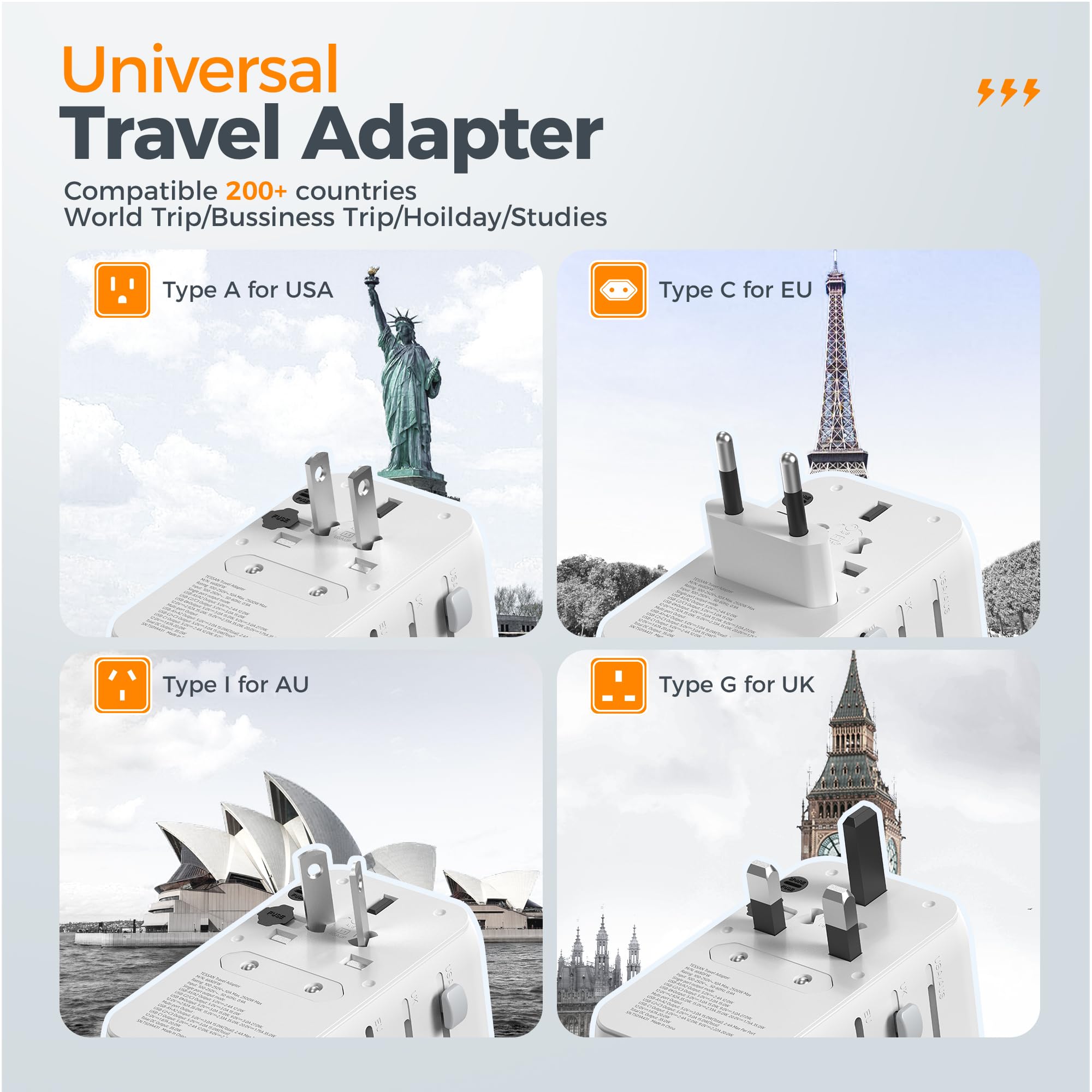 Universal Travel Adapter, Tessan 35W International Plug Adapter Built In 1 Usb C Cable, 4 Usb Ports Travel Adaptor Worldwide For
