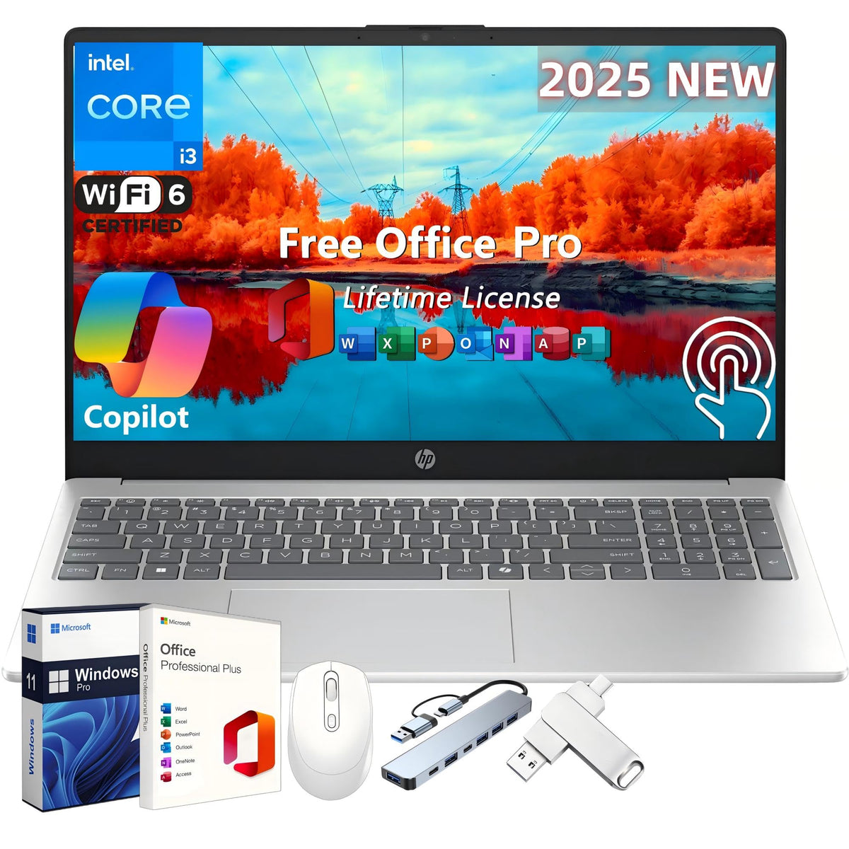 Hp 2025 Touchscreen Laptop Computer, 15.6'' Hd, Office Pro Lifetime License, Intel I3-1315U Cpu, 64 Gb Ram, 2 Tb Ssd, Intel Uhd 