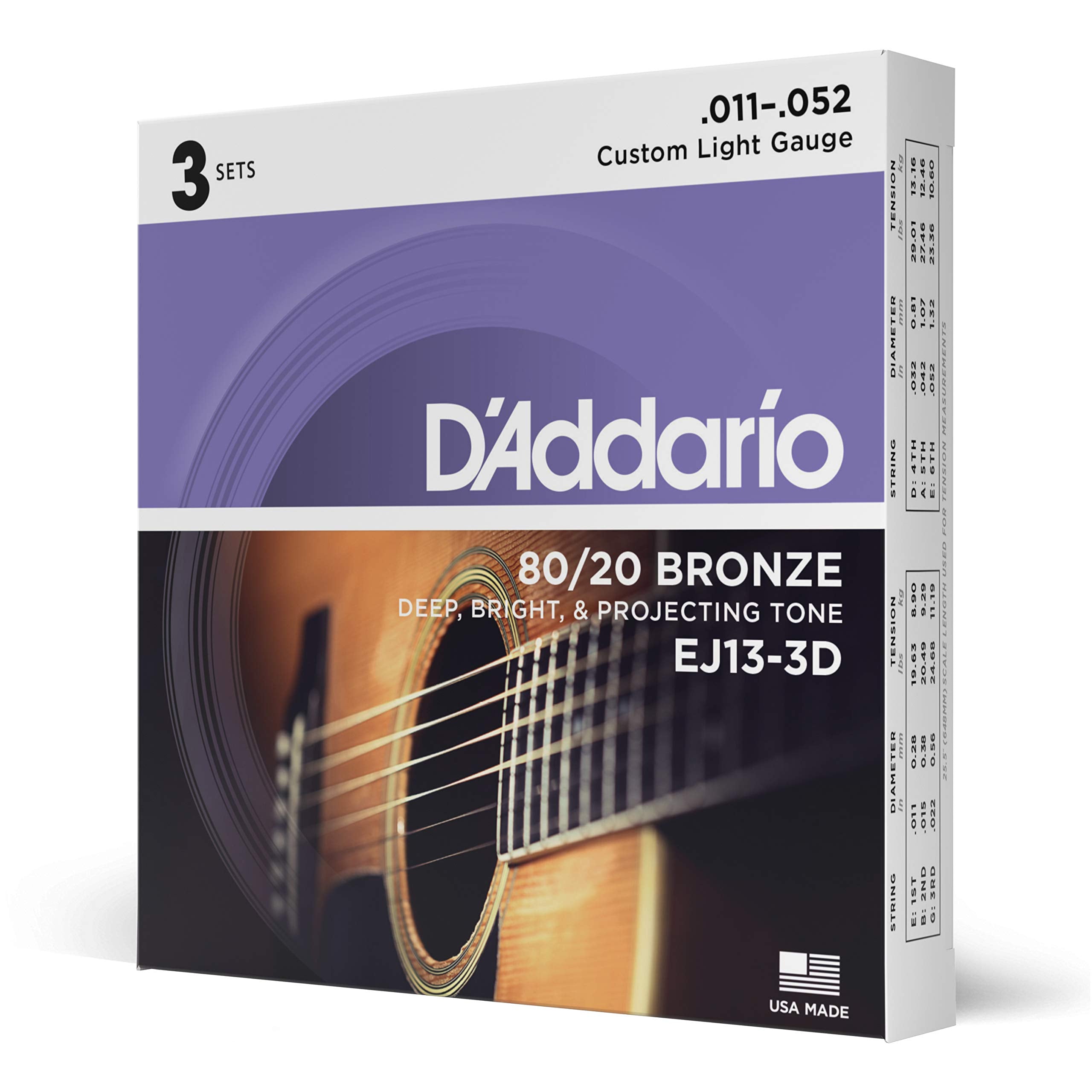 D'Addario Guitar Strings   Acoustic Guitar Strings   80/20 Bronze   For 6 String Guitar   Deep, Bright, Projecting Tone   Ej13 3