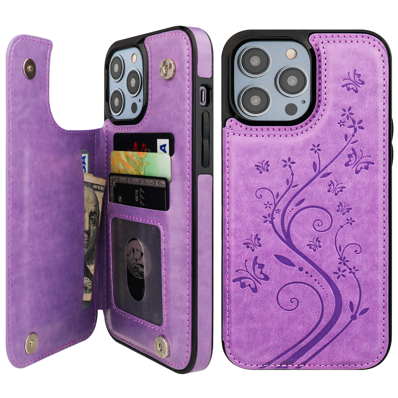 Vaburs Compatible With Iphone 14 Pro Max Case Wallet With Card Holder,Embossed Butterfly Pattern Pu Leather Double Buttons Flip 