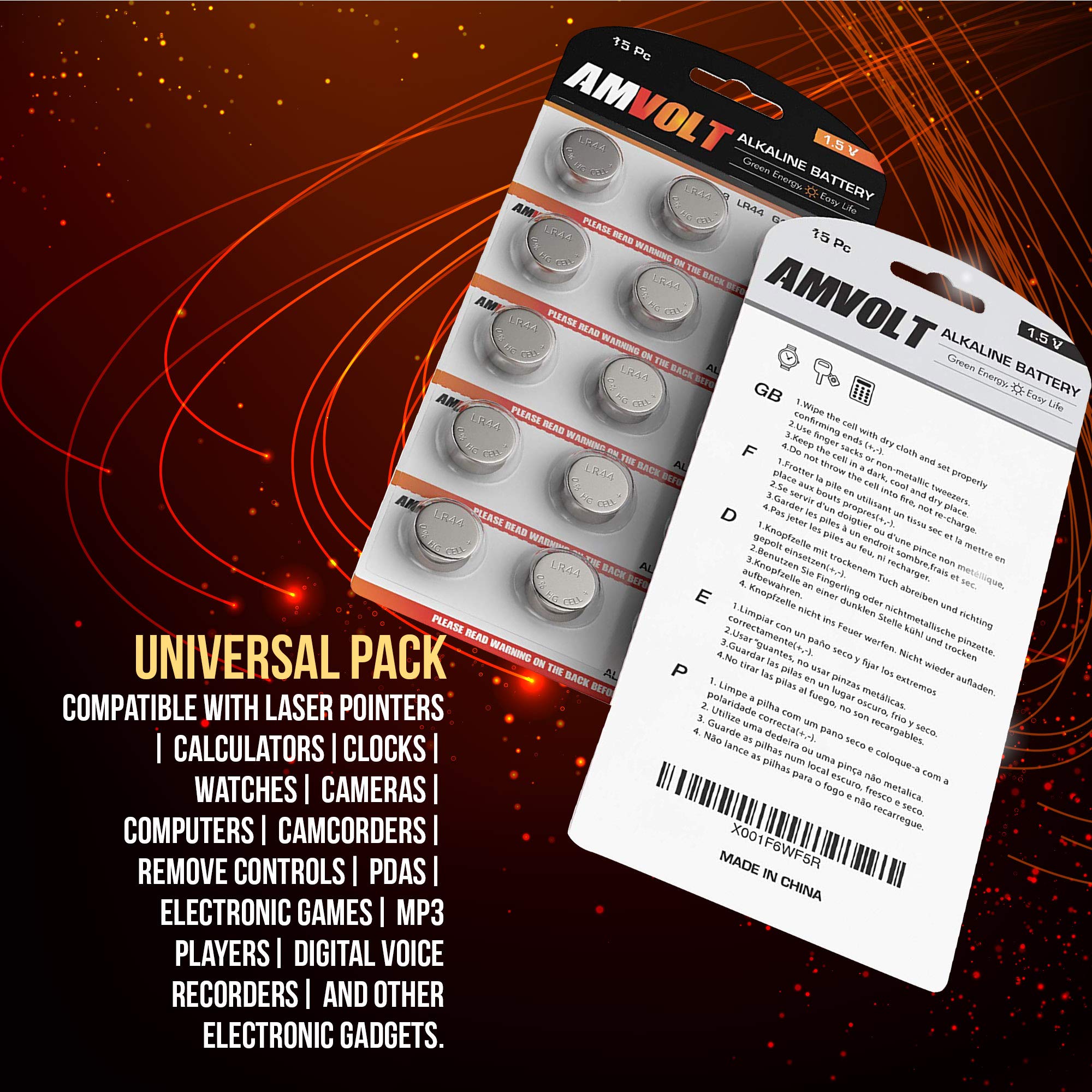 Amvolt  Pack Of 15 Lr44 Batteries Ag13 Sr44 357 303 Premium Alkaline Non Rechargeable Button Battery, 1.5 Volt Small Batteries F