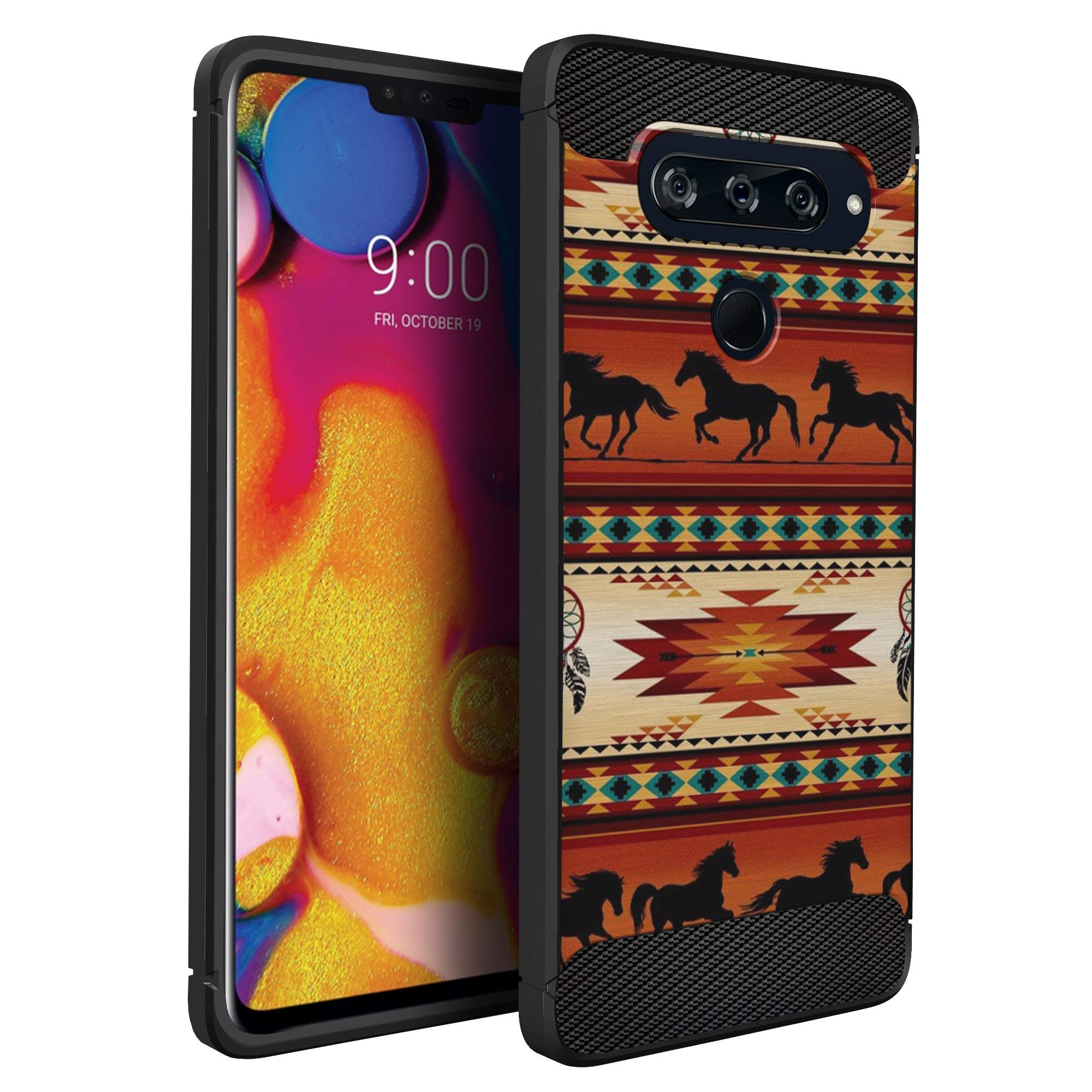 Casesondeck Case Compatible With [Lg V40 Thinq] Tribal Floral Matte Tpu Flexible Carbon Fiber Textured (Western Horse Tribal)
