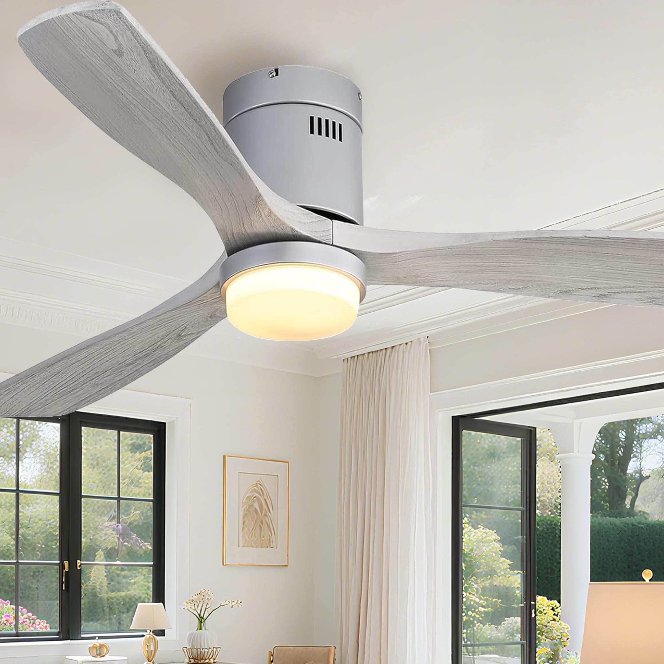 Sofucor Ceiling Fan with Lights 52 Inch Flush Mount Ceiling Fan with Remote Control, Wood Blades Modern Outdoor Ceiling Fans for