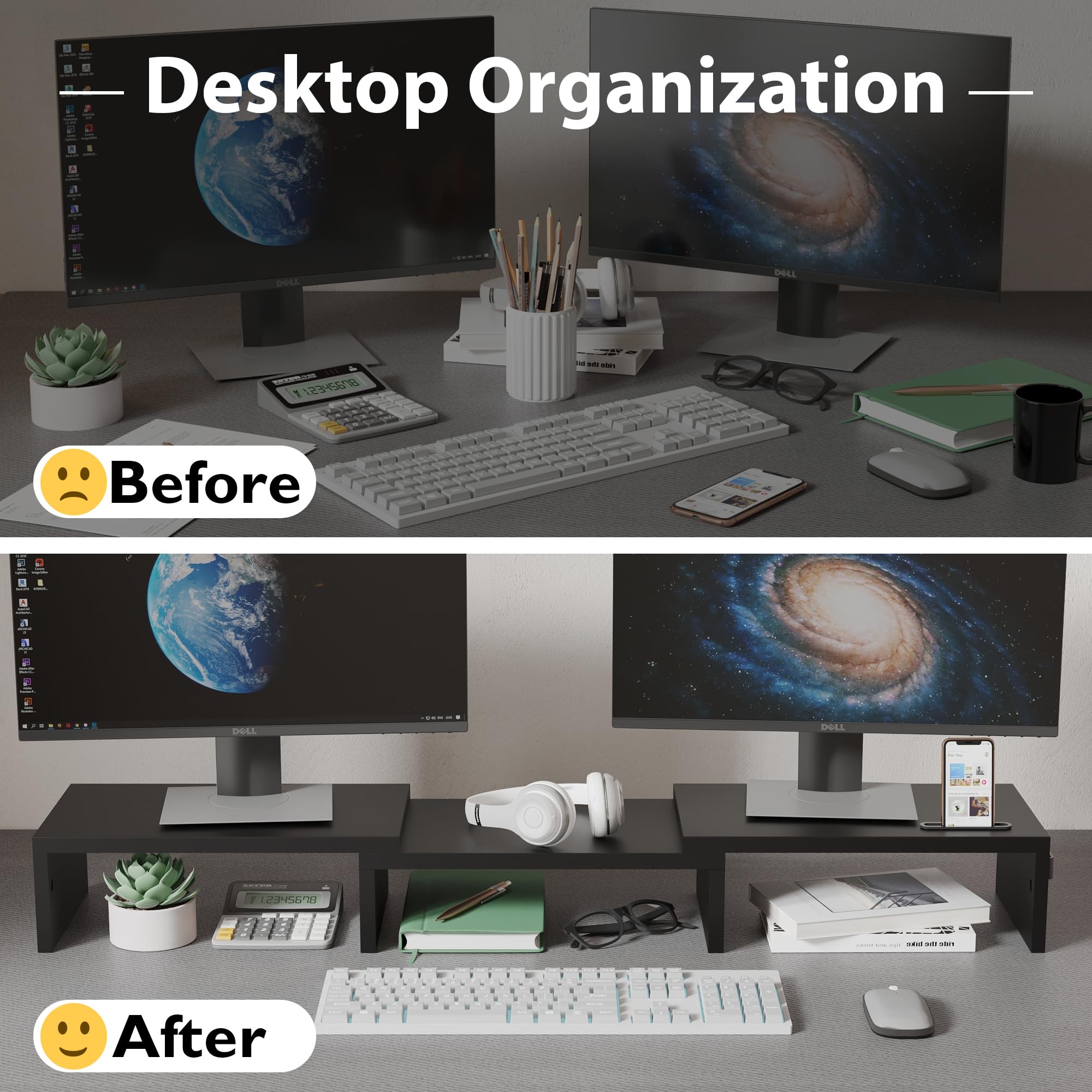 Bontec Dual Monitor Stand With Smartphone Holder, Adjustable Length & Swivel Angle Wooden Desktop Organizer Stand Pc Riser For P