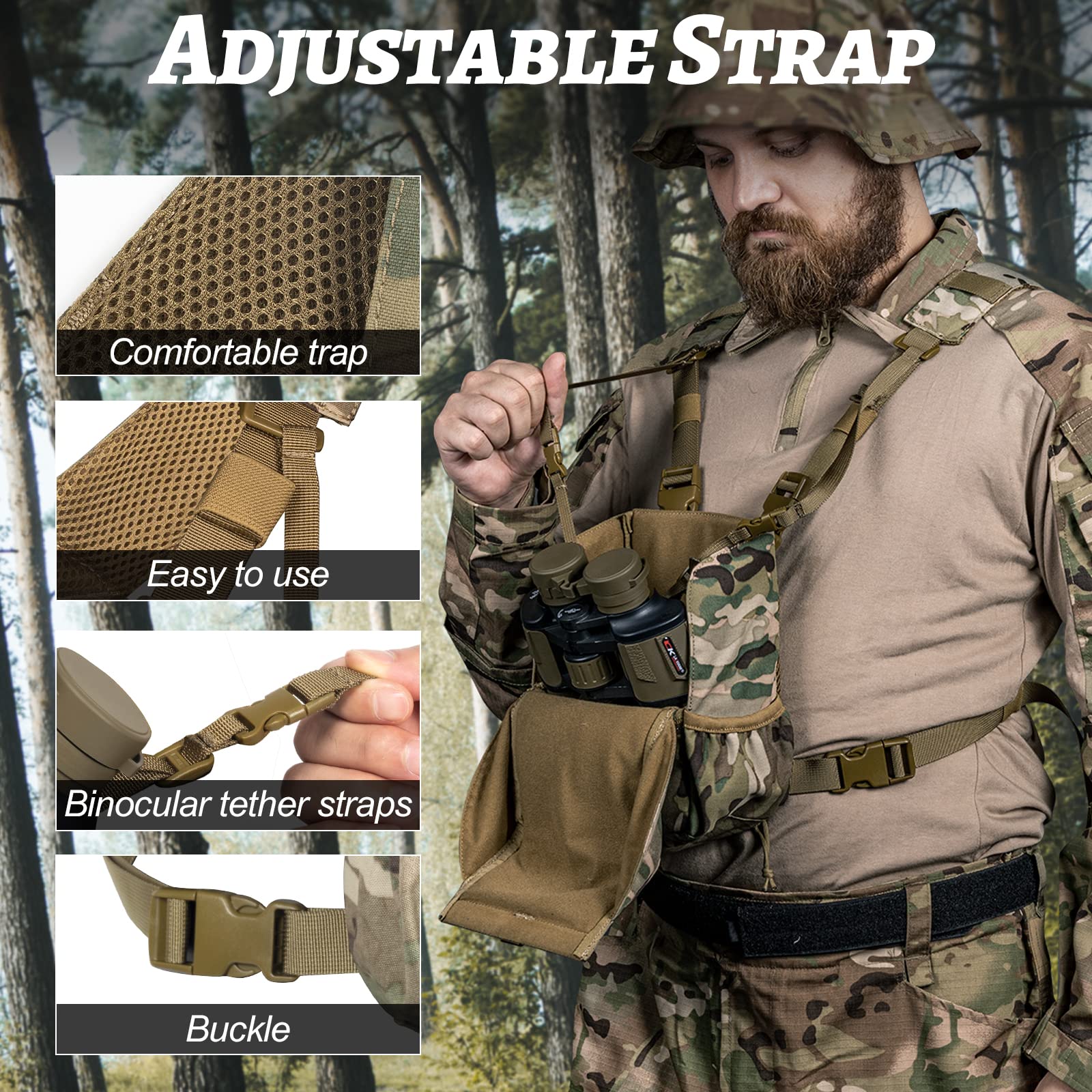 Vismix Binocular Harness, Adjustable Binocular Harness Chest Pack With Rain Cover For Hunting Hiking Shooting