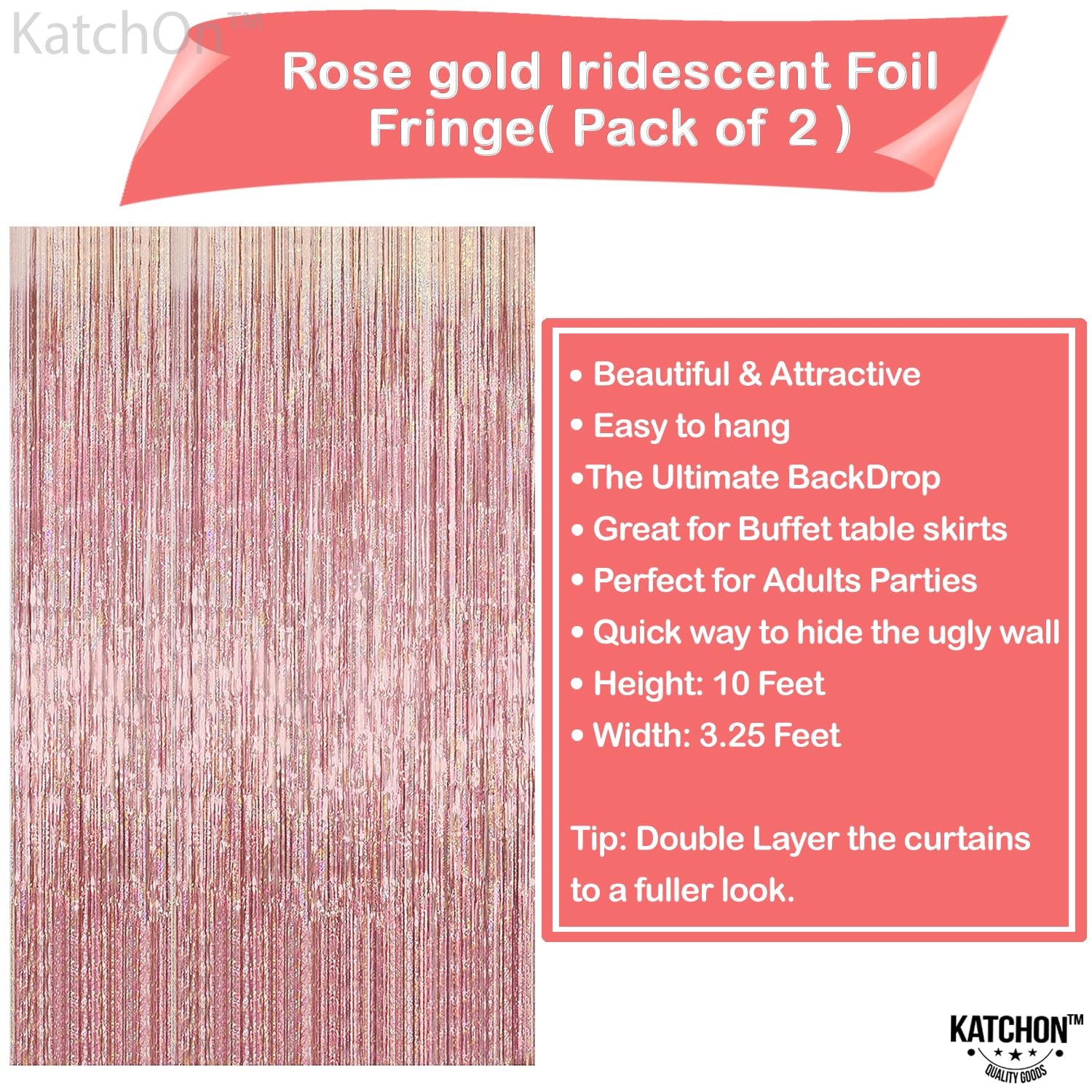 Katchon, Iridescent Rose Gold Fringe Curtain   3.2X8 Feet, Pack Of 2 | Rose Gold Backdrop Curtain For Rose Gold Birthday Decorat