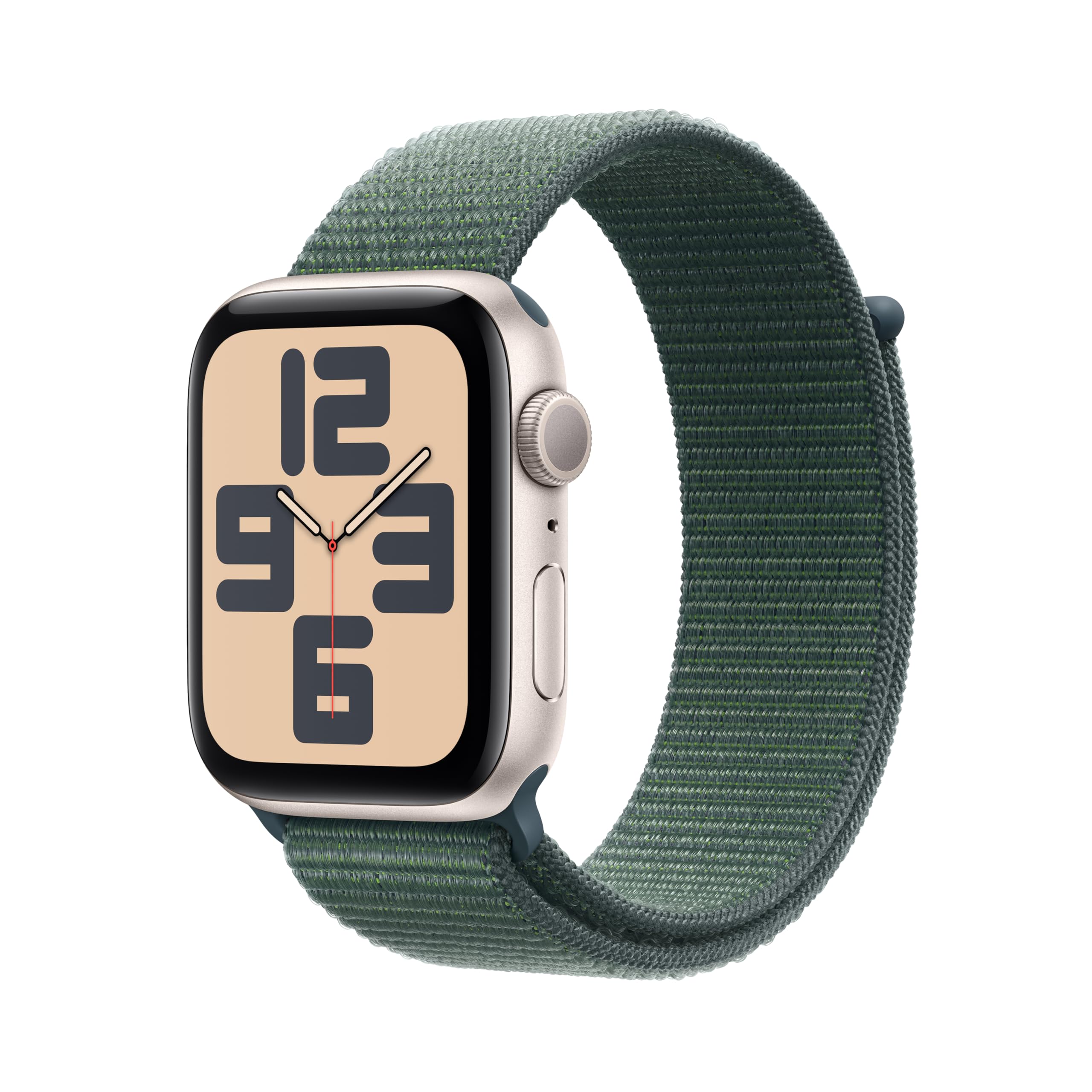 Apple Watch SE (2nd Gen) [GPS 44mm] Smartwatch with Starlight Aluminum Case with Lake Green Sport Loop One Size. Fitness and Sle