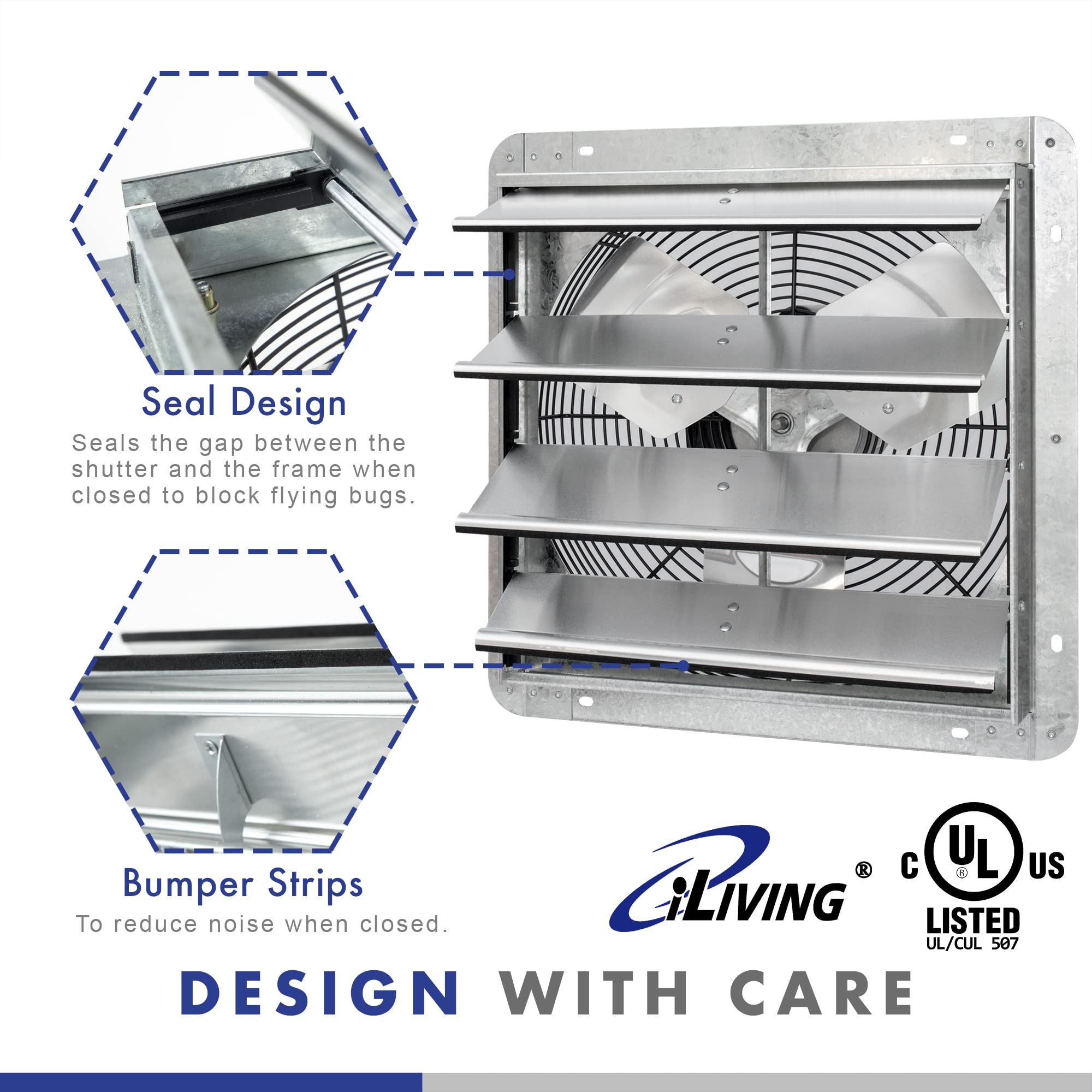 Iliving 16'' Wall Mounted Shutter Exhaust Fan, Automatic Shutter, With Thermostat And Variable Speed Controller, 0.85A, 1200 Cfm