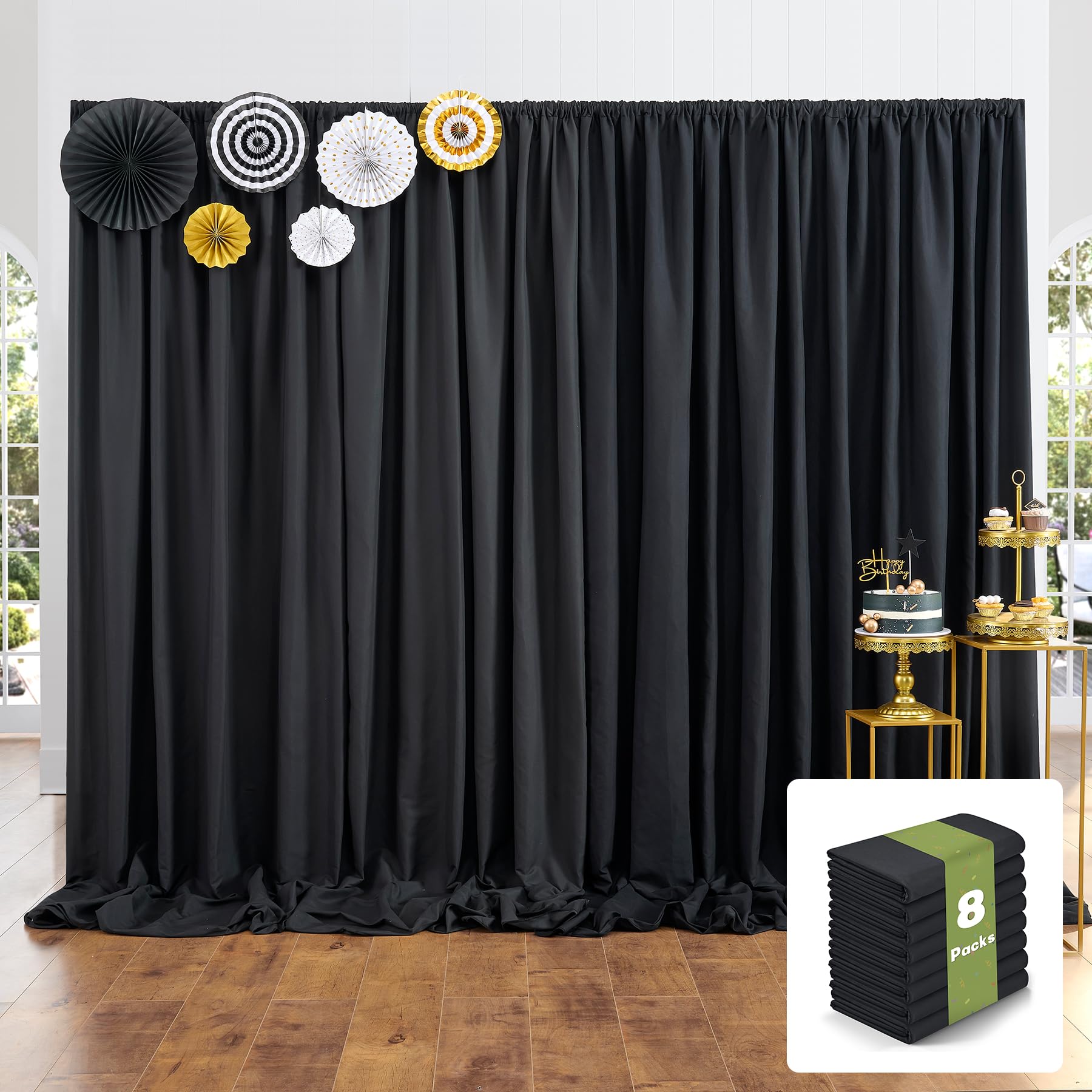 40X10Ft Black Backdrop Curtains For Party, 8 Panels 5X10Ft Thick Polyester Backdrop Drapes, Wrinkle Resistant Photography Backgr
