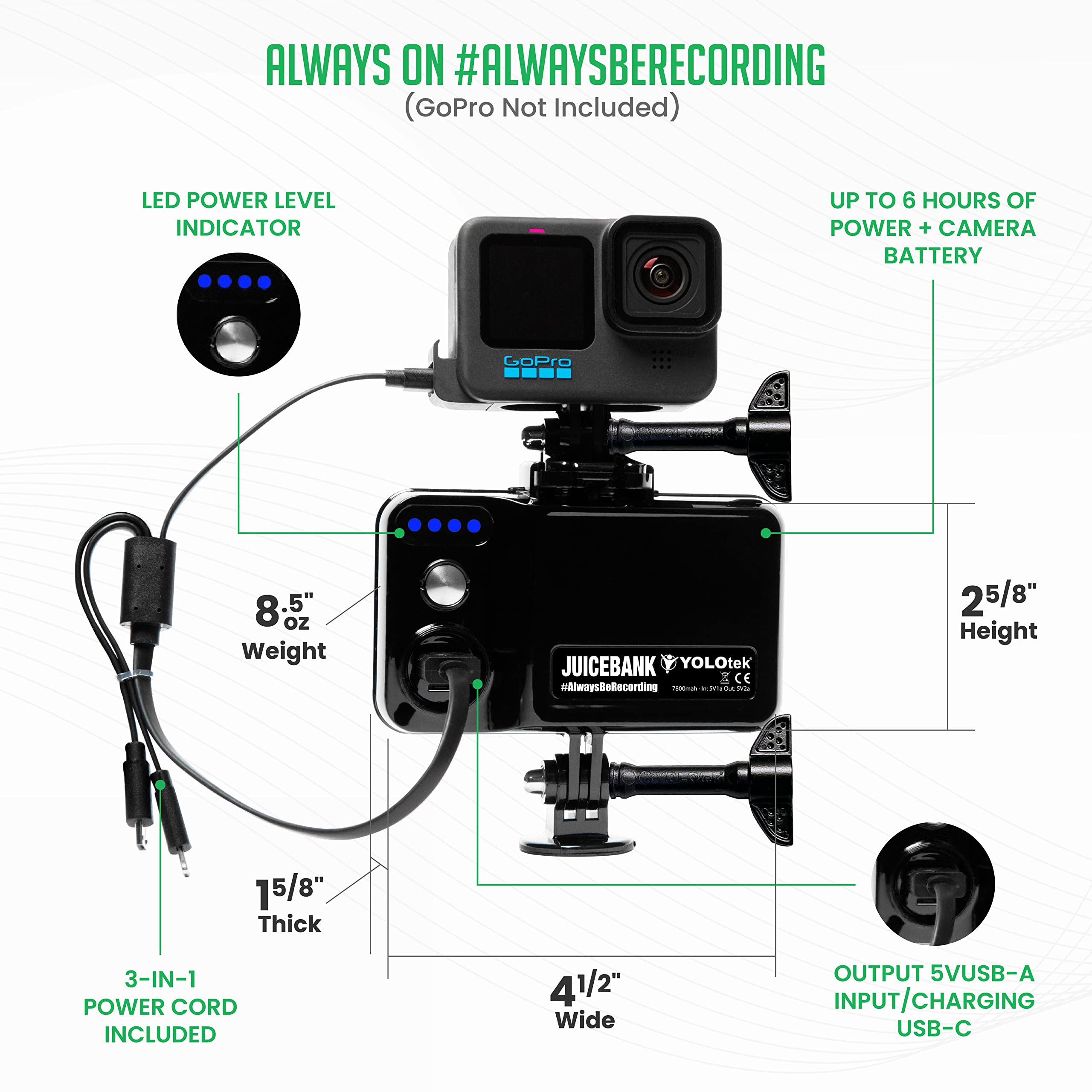 Yolotek Juicebank 7800Mah   Veteran Owned   Extended Battery For Gopro Hero 12 11 10 9 8 7 6 5, Dji, Mevo   Gopro Accessories Ex
