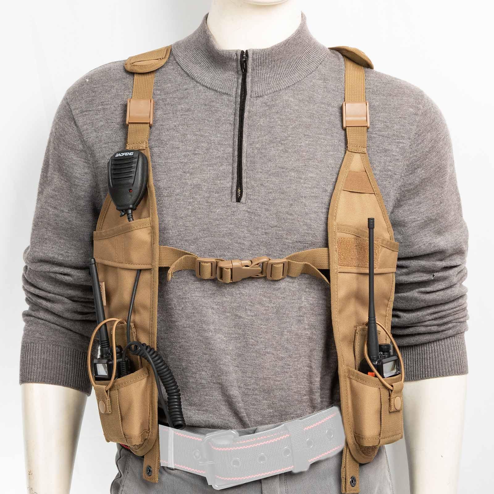 Radio Shoulder Harness Holster Chest Holder Universal Vest Rig For Police Firefighter Two Way Radio Search Rescue Essentials (Khaki)