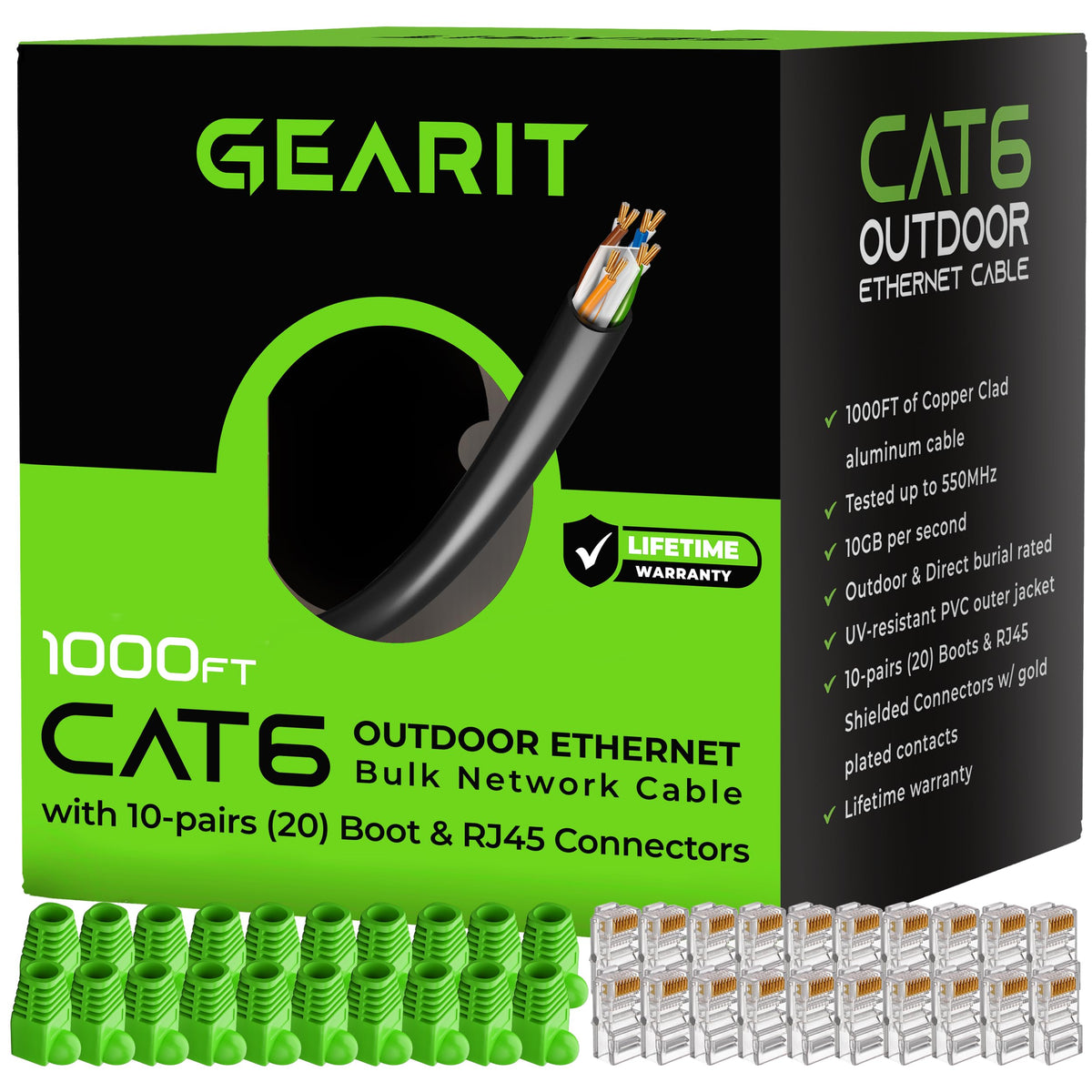 Gearit Rj45 Cat 6 Ethernet Patch Cable, Diy Bulk Kit (20 Rj45 & 20 Boot), 10Gpb Transfer Speed, Gold Plated Connector, Copper Cl