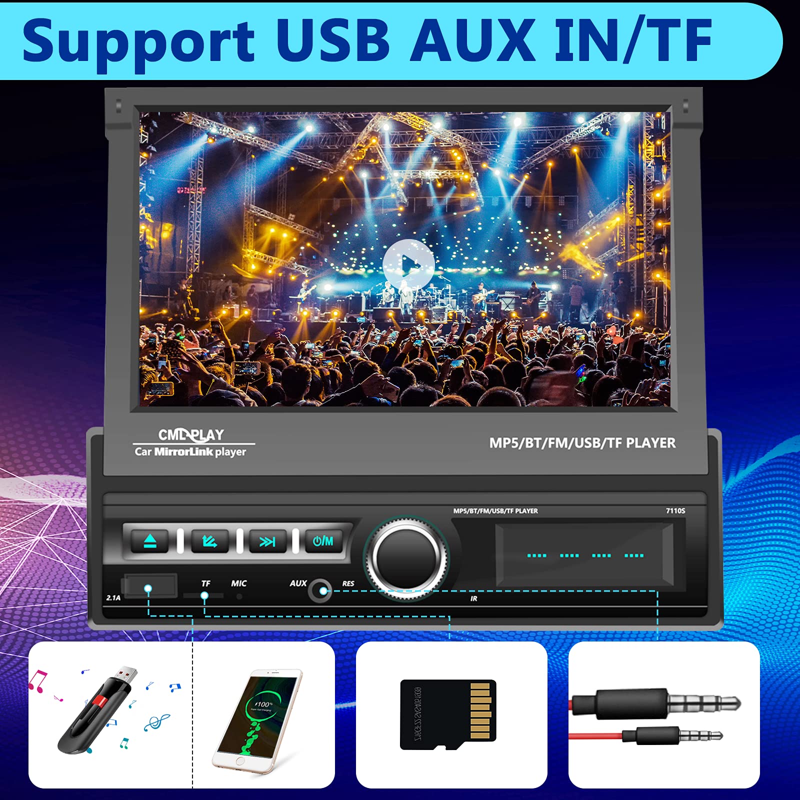 Podofo Single Din Touchscreen Car Stereo 7 Inch Motorized Flip Out Screen Car Radio In Dash Head Unit Support Bluetooth Fm Aux U