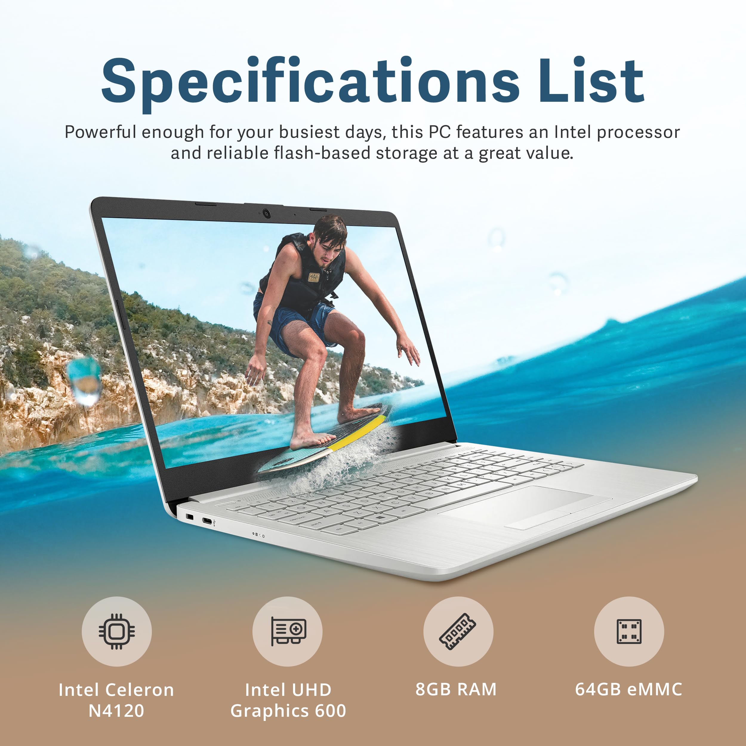 Hp Premium Stream 14'' Hd Laptop, Intel Celeron N4120 Processor, 8Gb Ram, 64Gb Emmc, Intel Uhd Graphics 600, Hd Camera, Wifi 5,