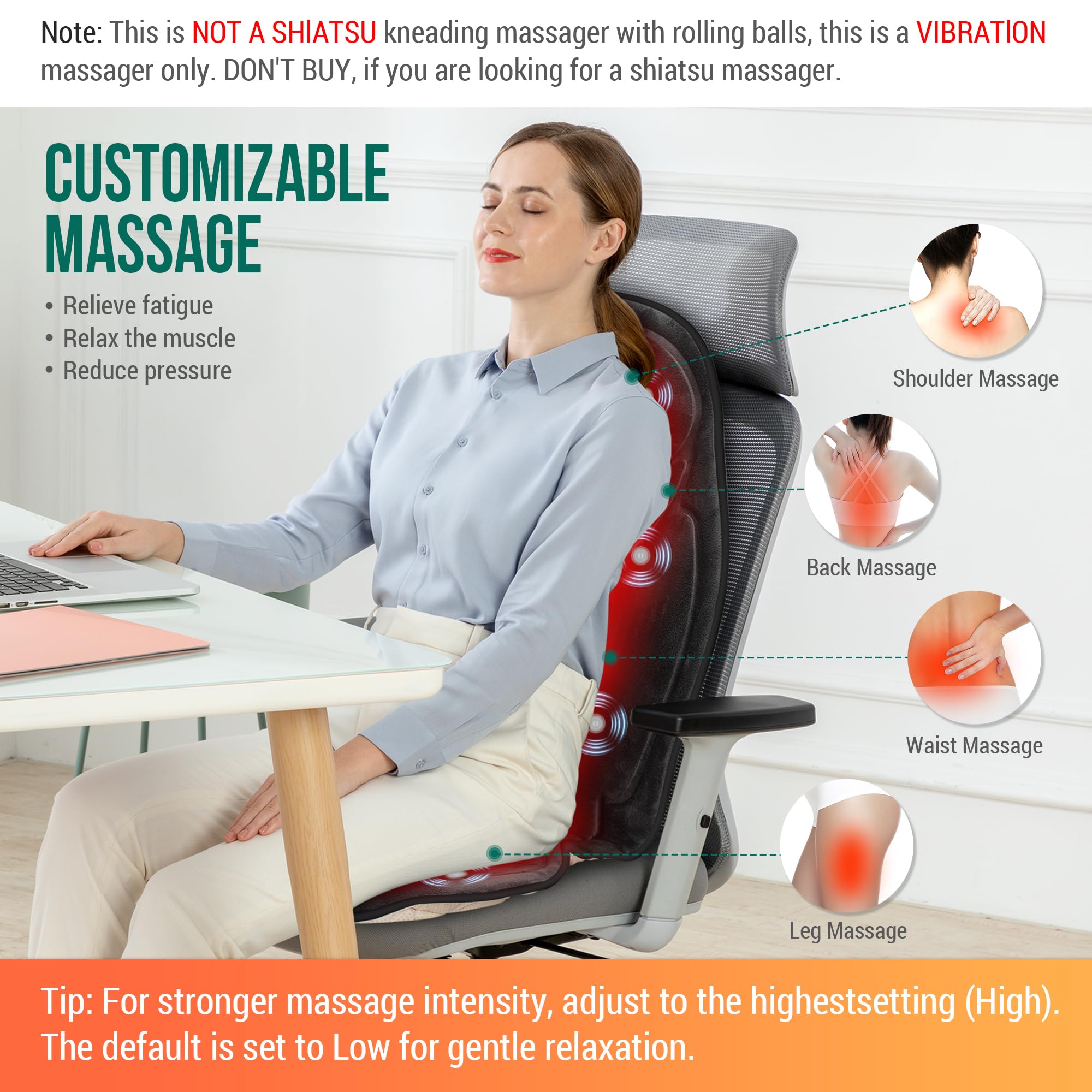 Snailax Vibration Massage Seat Cushion, Back Massager For Chair With Heat, 6 Vibrating Motors And 2 Heat Levels, Massage Chair P