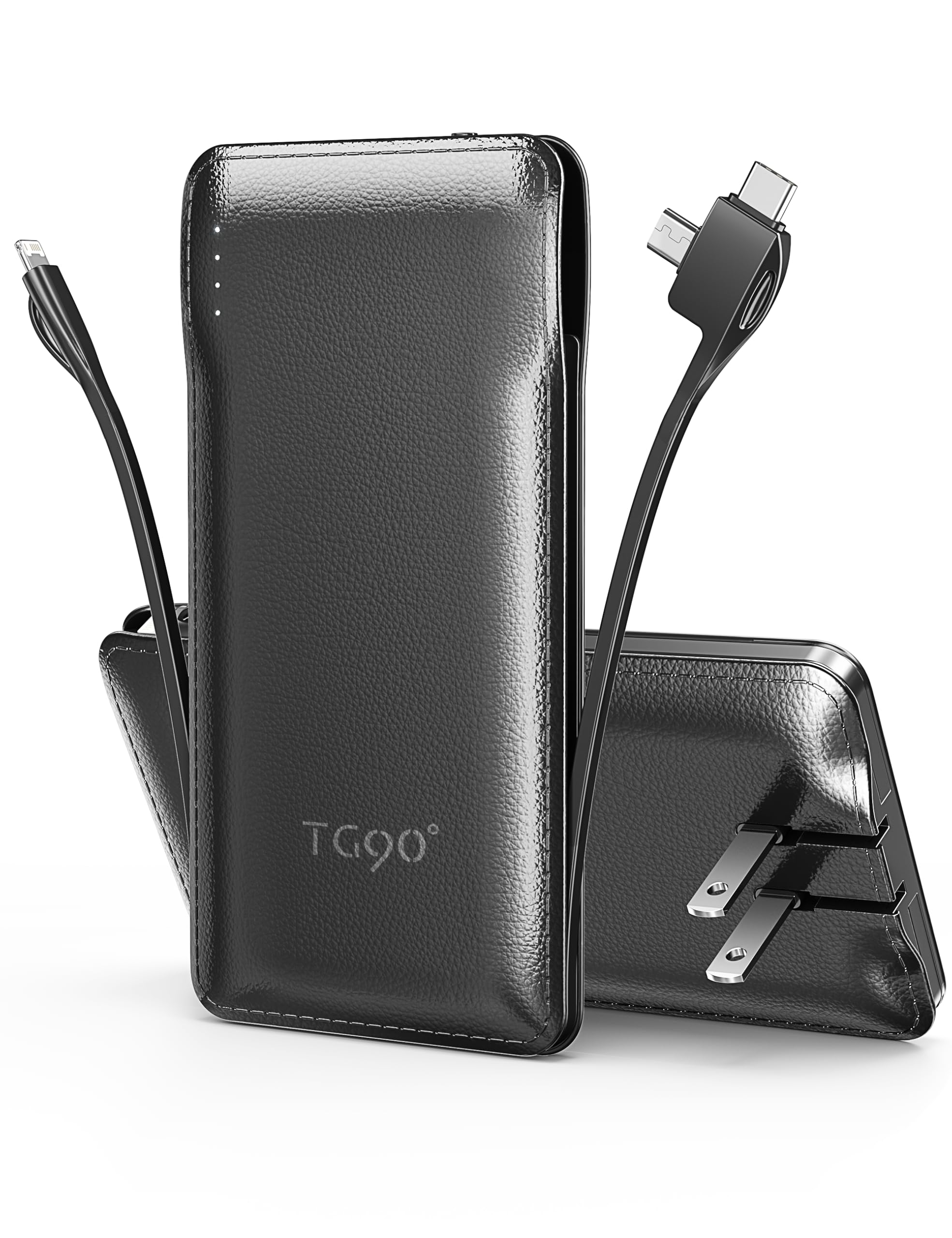 Tg90 10000Mah Portable Charger With Built In Foldable Ac Wall Plug And Cables, Ultra Slim Usb C Power Bank External Battery Pack