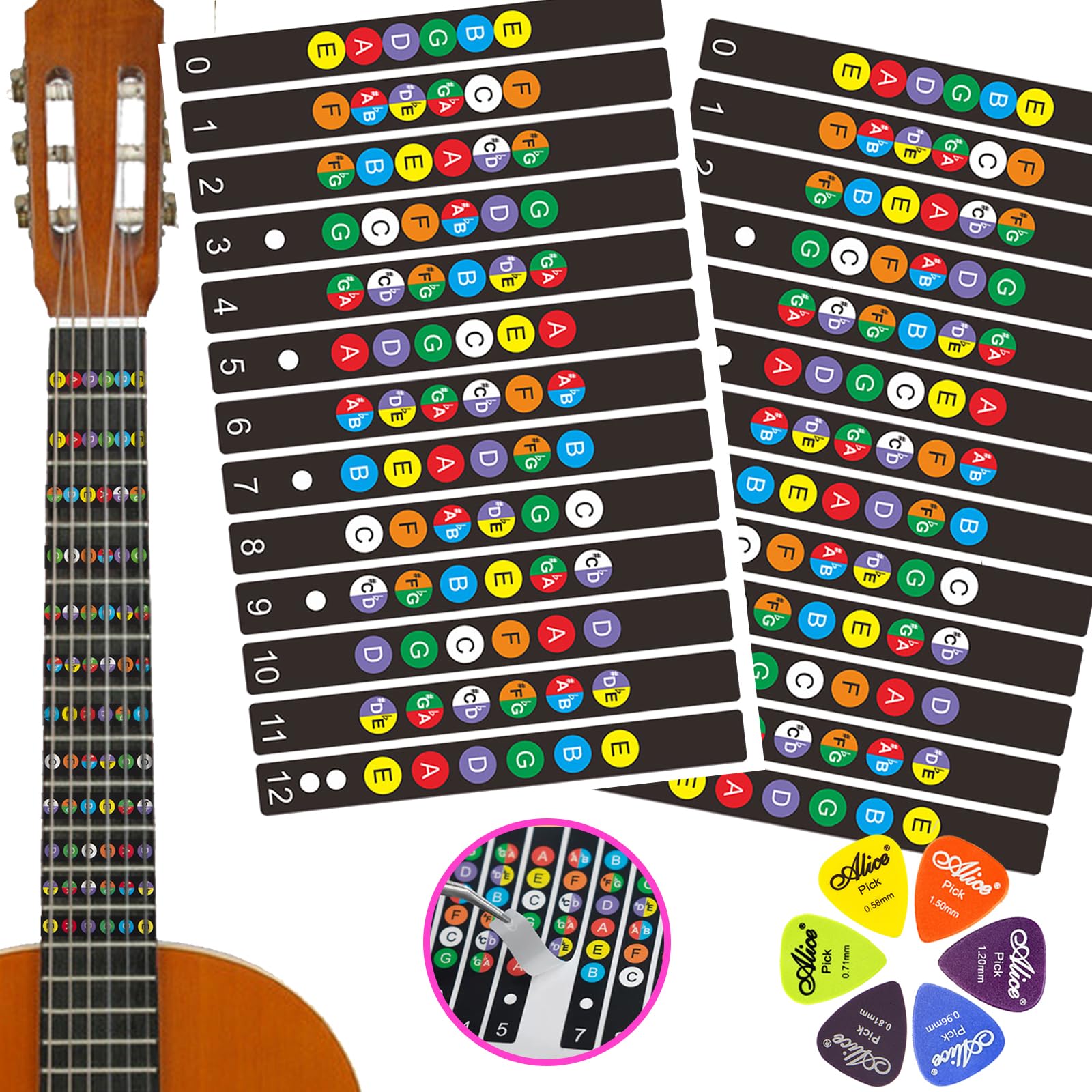 2 PCs Self Adhesive Guitar Fretboard Stickers & 6 Picks - Color Coded Note Decals Fingerboard Frets - Best Guitar learning Tools