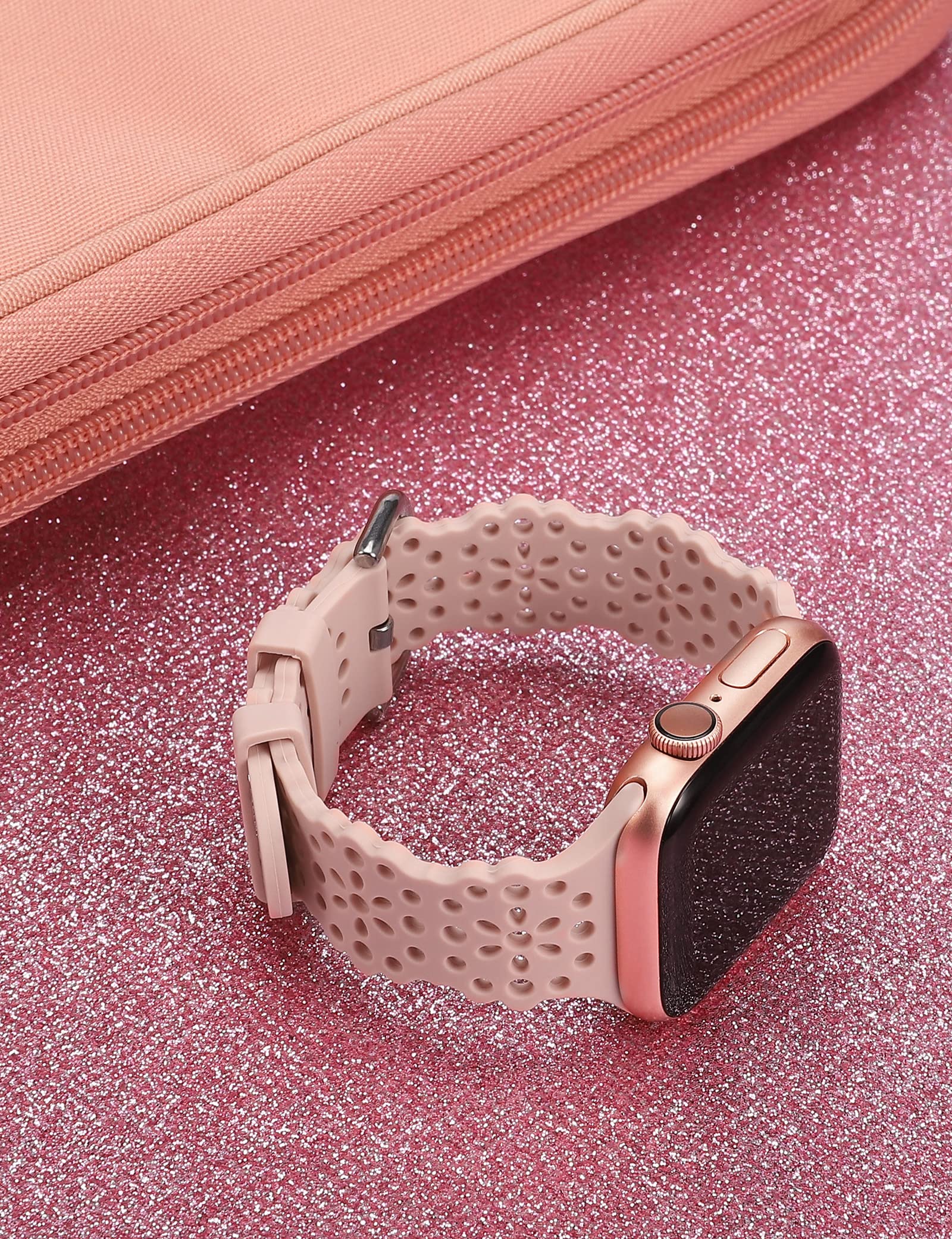 Toyouths Compatible With Apple Watch Band Lace Women Cut Outs Stretchy Silicone Breathable Waterproof Strap For Iwatch Ultra 1/2