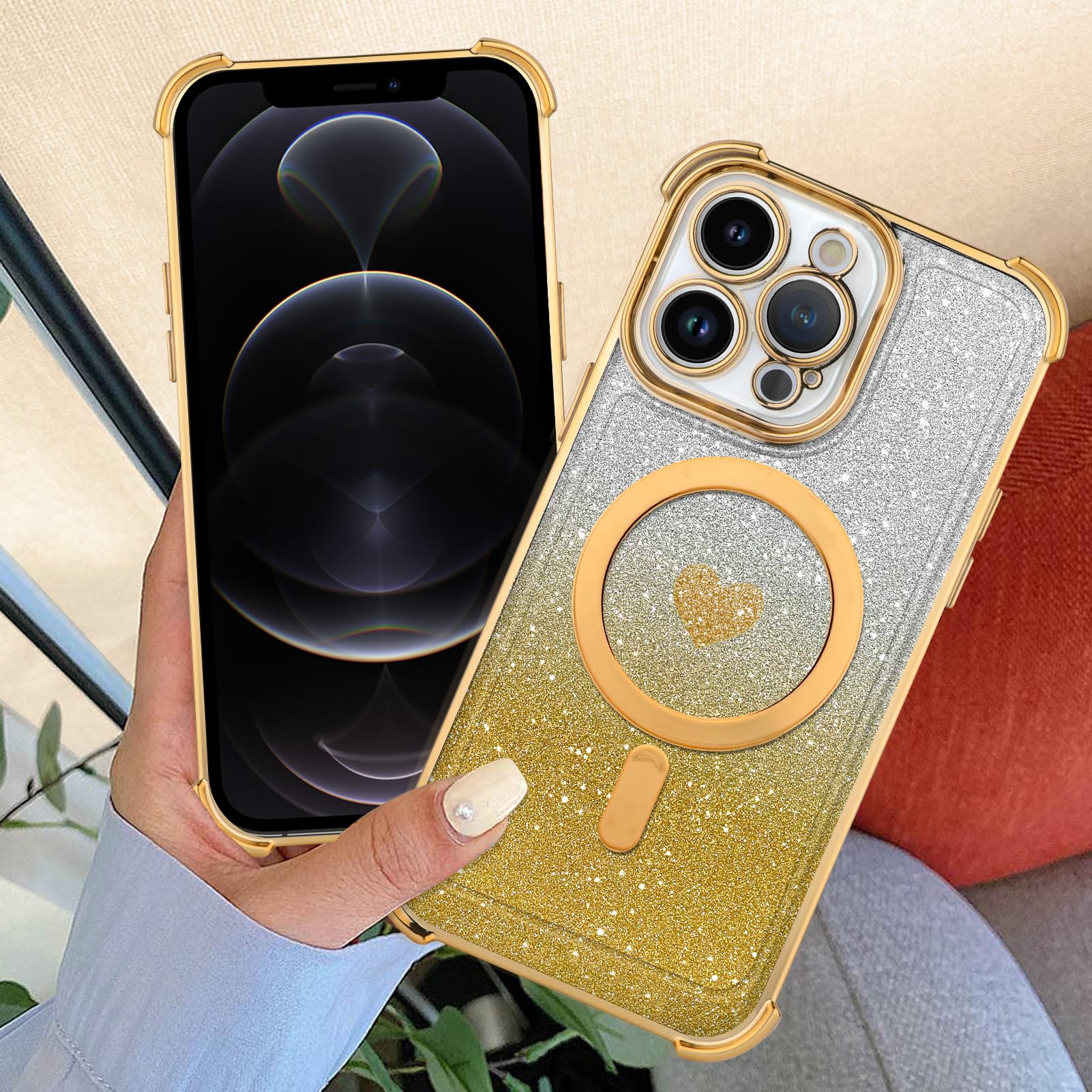 Tharlet Magnetic For Iphone 12 Pro Max Case [Compatible With Magsafe] Glitter Cute Love Luxury Plating Plating Bling Clear Phone