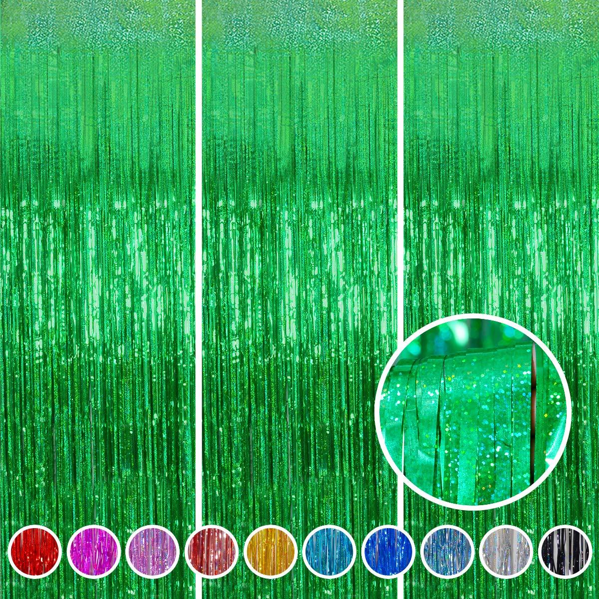 Foil Fringe Curtains April fools Day Decorations - Melsan 3 Pack 3.2 x 8.2 ft Green Tinsel Curtain Party Photo Backdrop for Bir