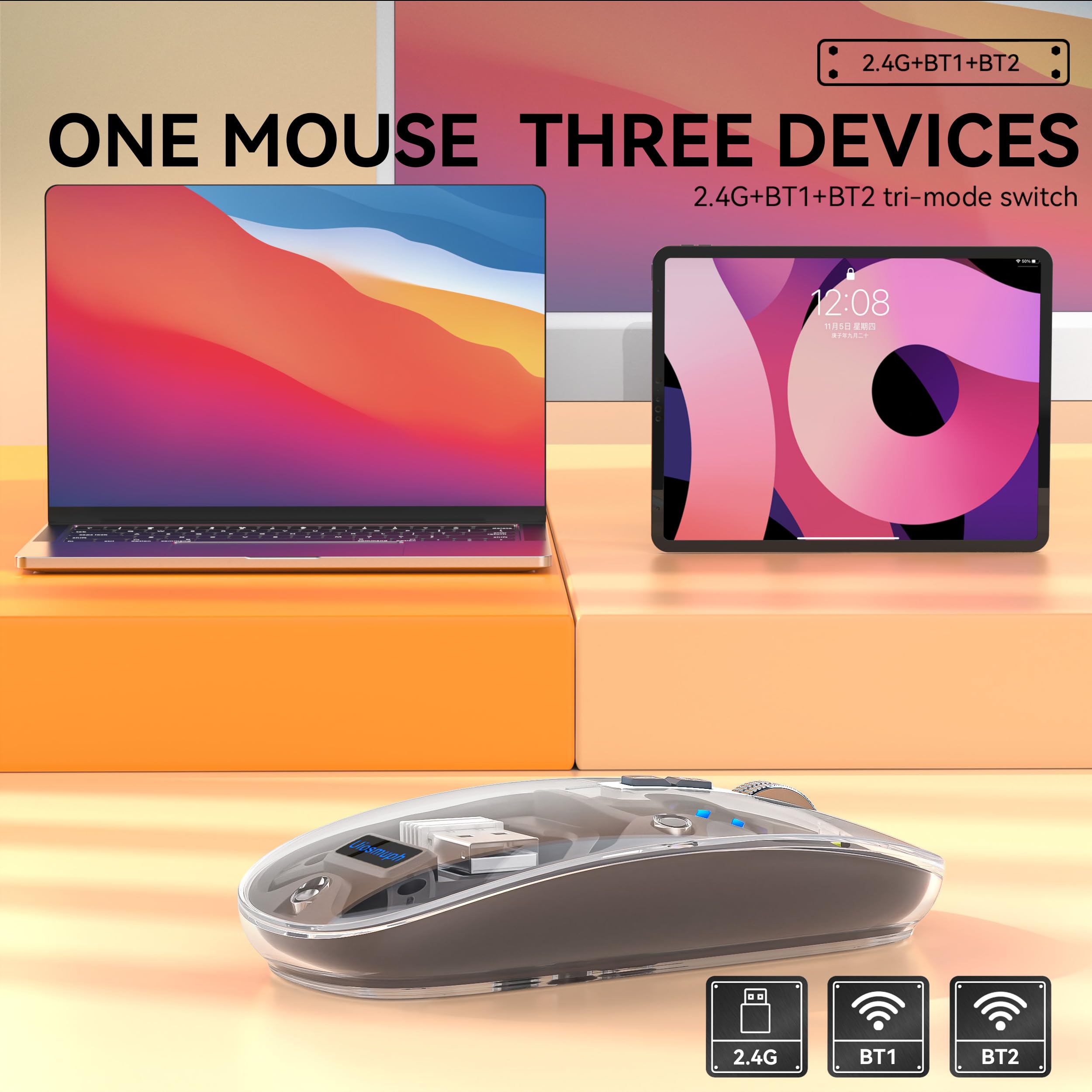 Uiosmuph Bluetooth Wireless Mouse Tri Mode (Dual Bt5.1+2.4Ghz) Usb C Rechargeable Computer Mouse Full Transparent Silent Mouse W