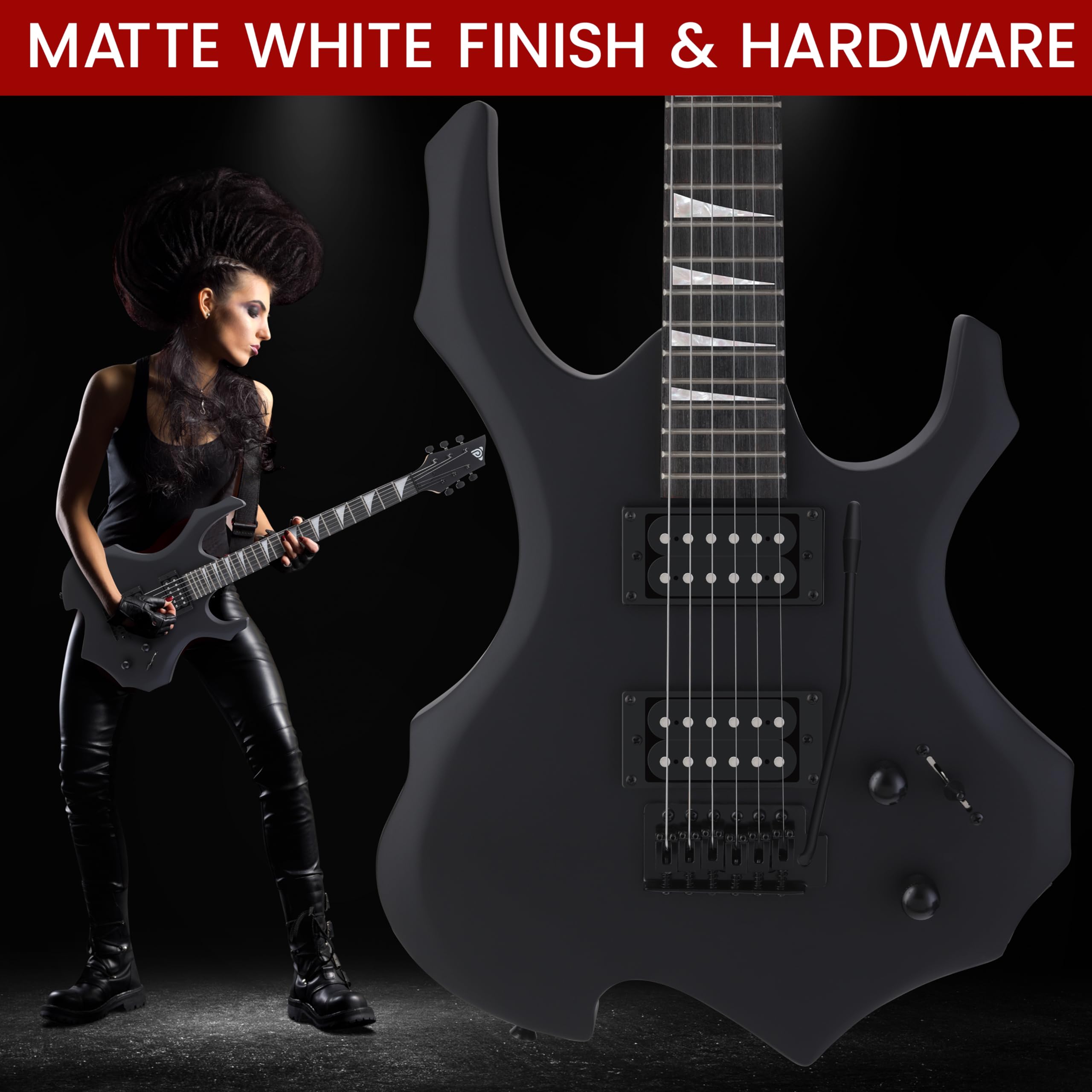 Pyle Heavy Metal Eg Fire Electric Guitar Axe W/ Amplifier Kit, Full Size Instrument W/ Practice Amp & Accessories, Black Matte