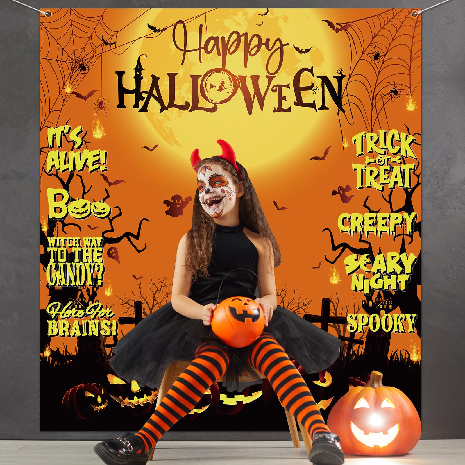 Halloween Backdrop,Orange And Black Scary Pumpkin Decorations Happy Halloween Photo Backdrop Halloween Banner For Trick Or Treat