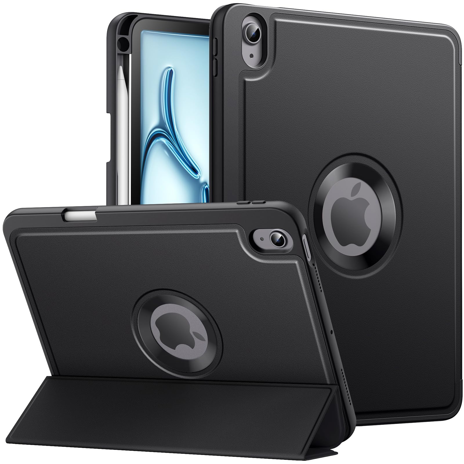 MoKo for iPad Air 11 Inch Case (M2) 2024, iPad Air 6th Generation Case/iPad Air 5th/4th Gen 2022/2020 with Pencil Holder, Smart Trifold Protective iPad Case, Hollow Logo/Auto Wake/Sleep, Black