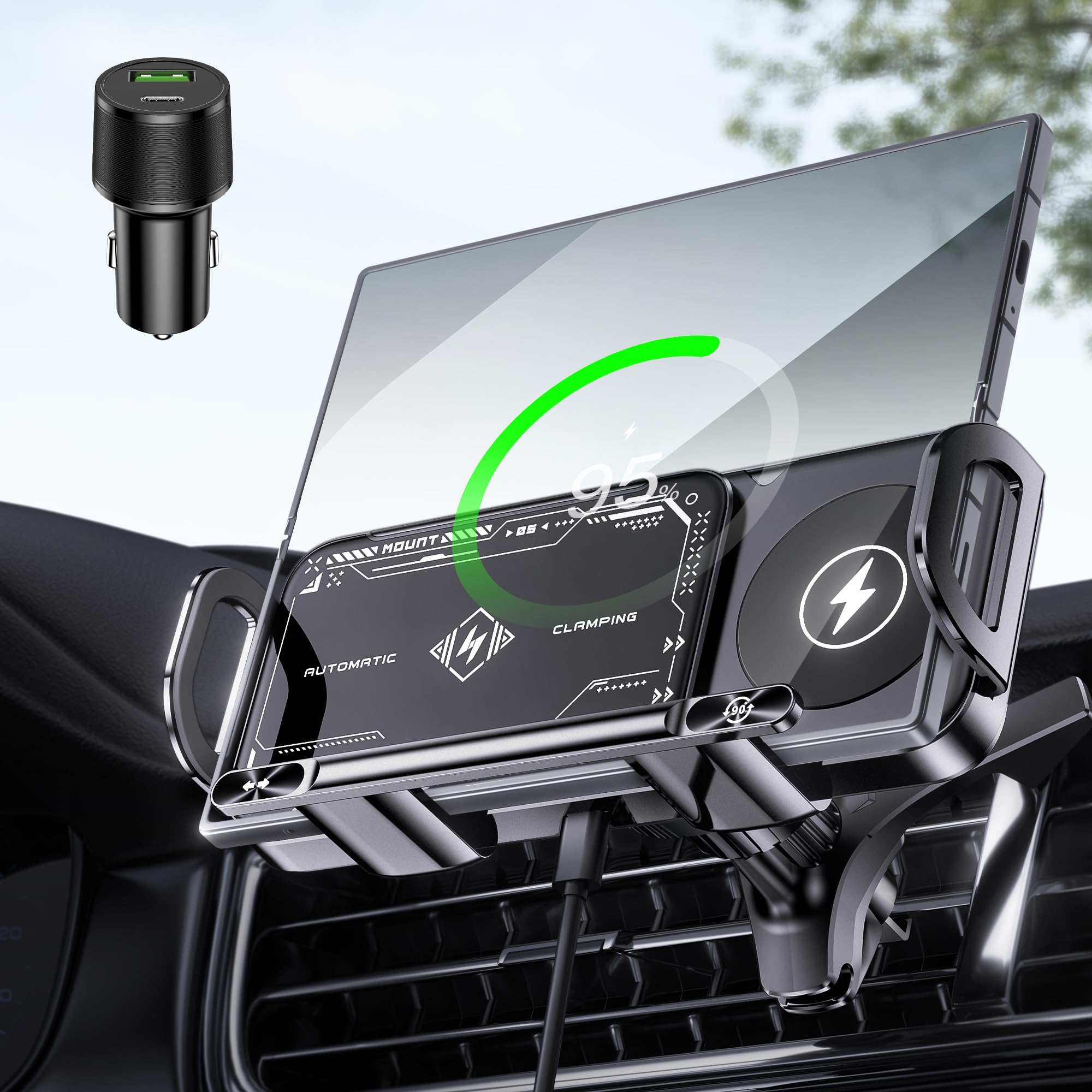 Jdhdl Wireless Car Charger Mount, Auto-Clamping 15W Dual Coil One-Touch 90 Rotatable Car Phone Holder Wireless Charger For Samsu