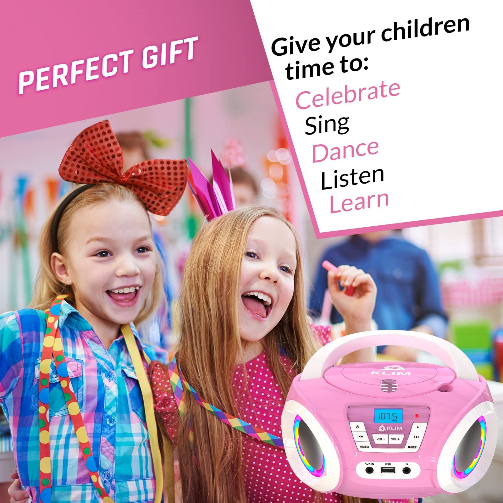 Klim Candy Kids Portable Cd Player For Kids   New Version 2024   Fm Radio   Batteries Included   Cd Boombox For Kids   Cute Pink