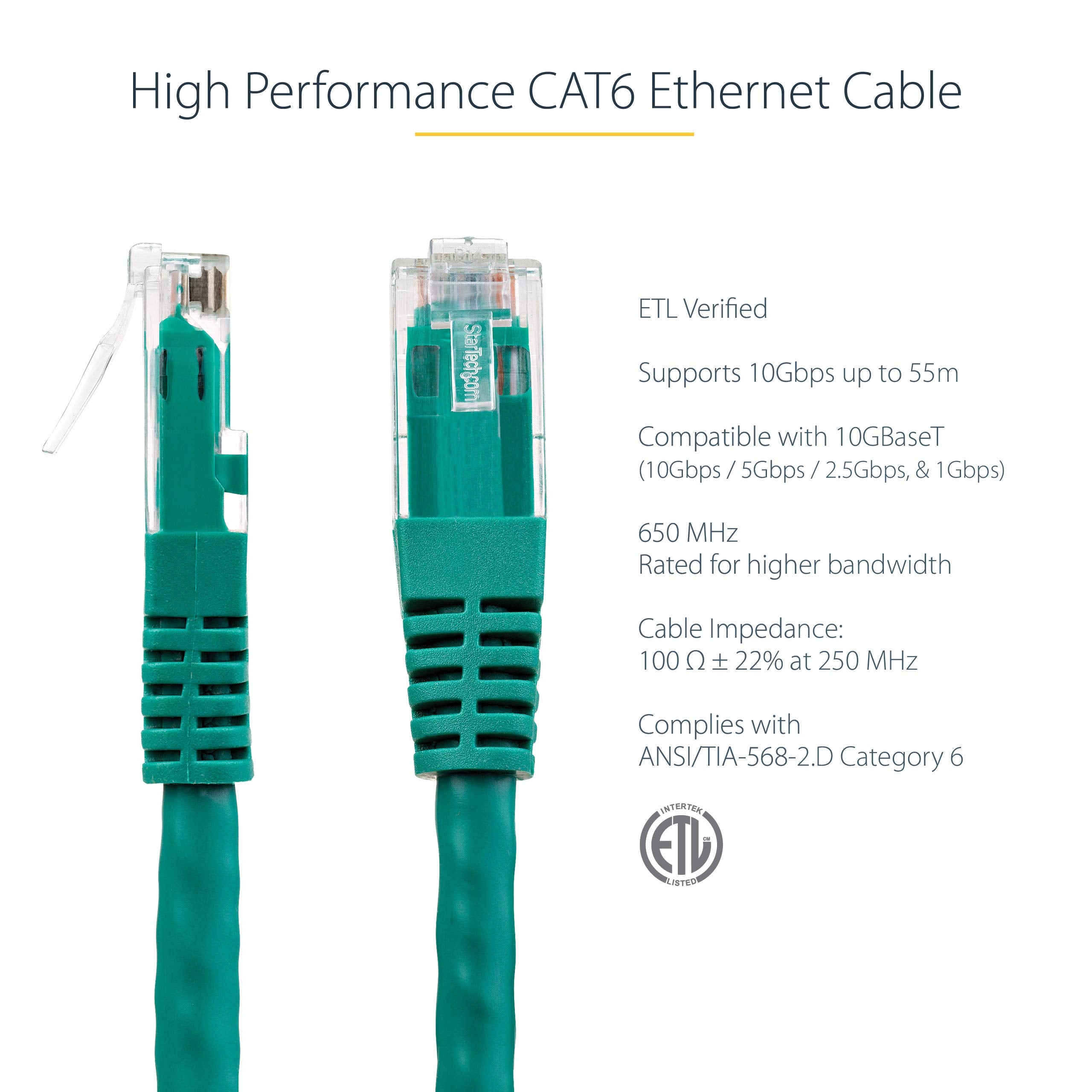 Startech.Com 3Ft Cat6 Ethernet Cable   Green Cat 6 Gigabit Ethernet Wire  650Mhz 100W Poe++ Rj45 Utp Molded Category 6 Network/P