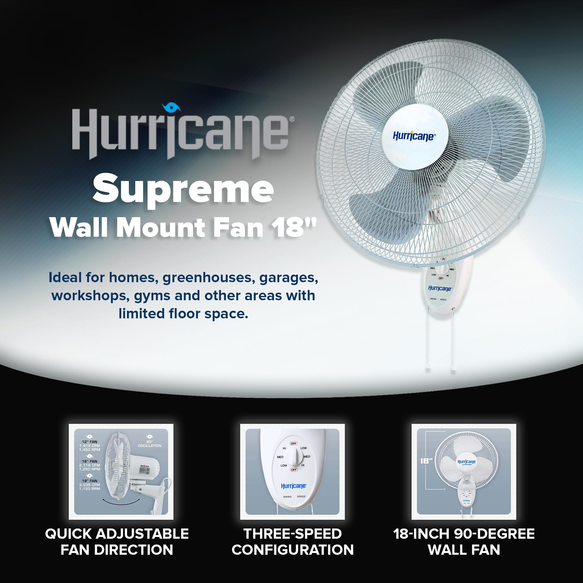 Hurricane Oscillating Wall Mount Fan, 3 Speed Quiet Indoor Cooling, Supreme, 18''