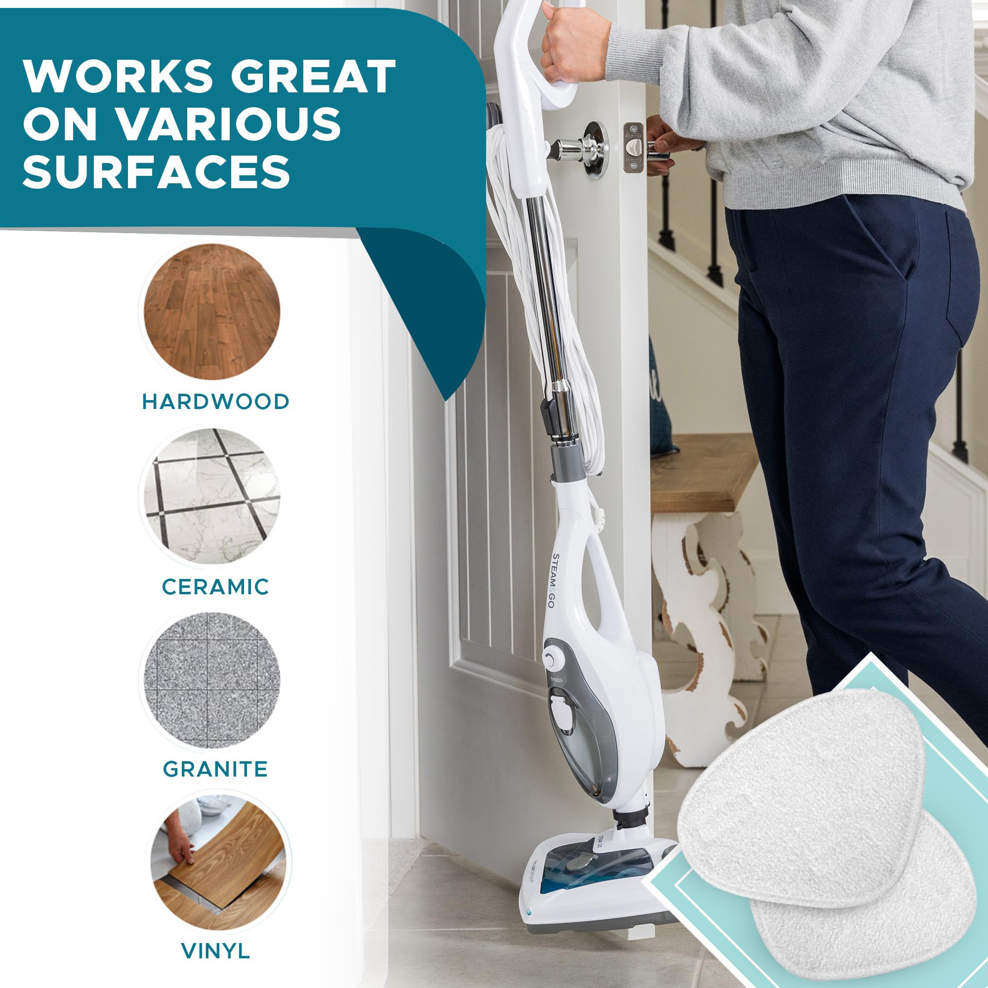 Steam & Go   Premium Steam Mop Pads, Microfiber Floor Steamer And Carpet Steamer Pads, Durable Steam Mops For Floor Cleaning, Wi