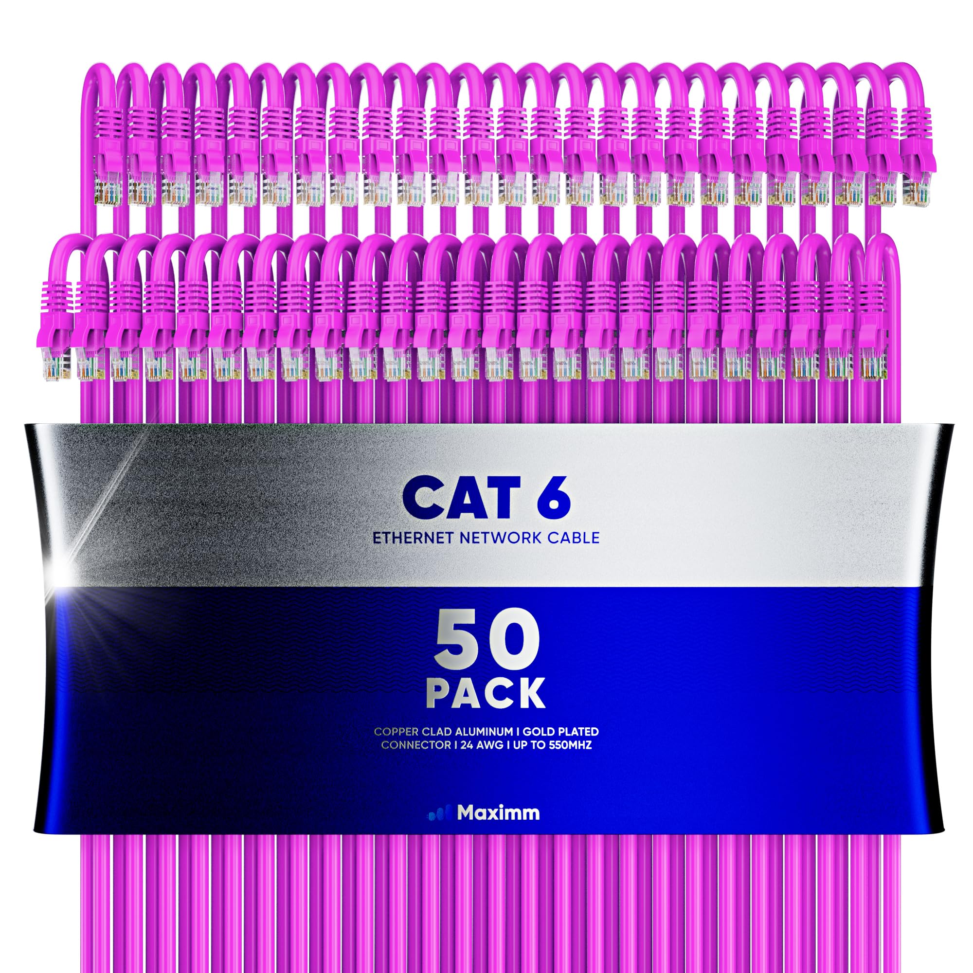 Maximm Cat 6 Ethernet Cable 2 Ft (50 Pack)   High Speed Lan Cable, Internet Cable, Patch Cable, And Network Cable   Utp, 10Gbps, 550Mhz Ethernet Cord   Pink