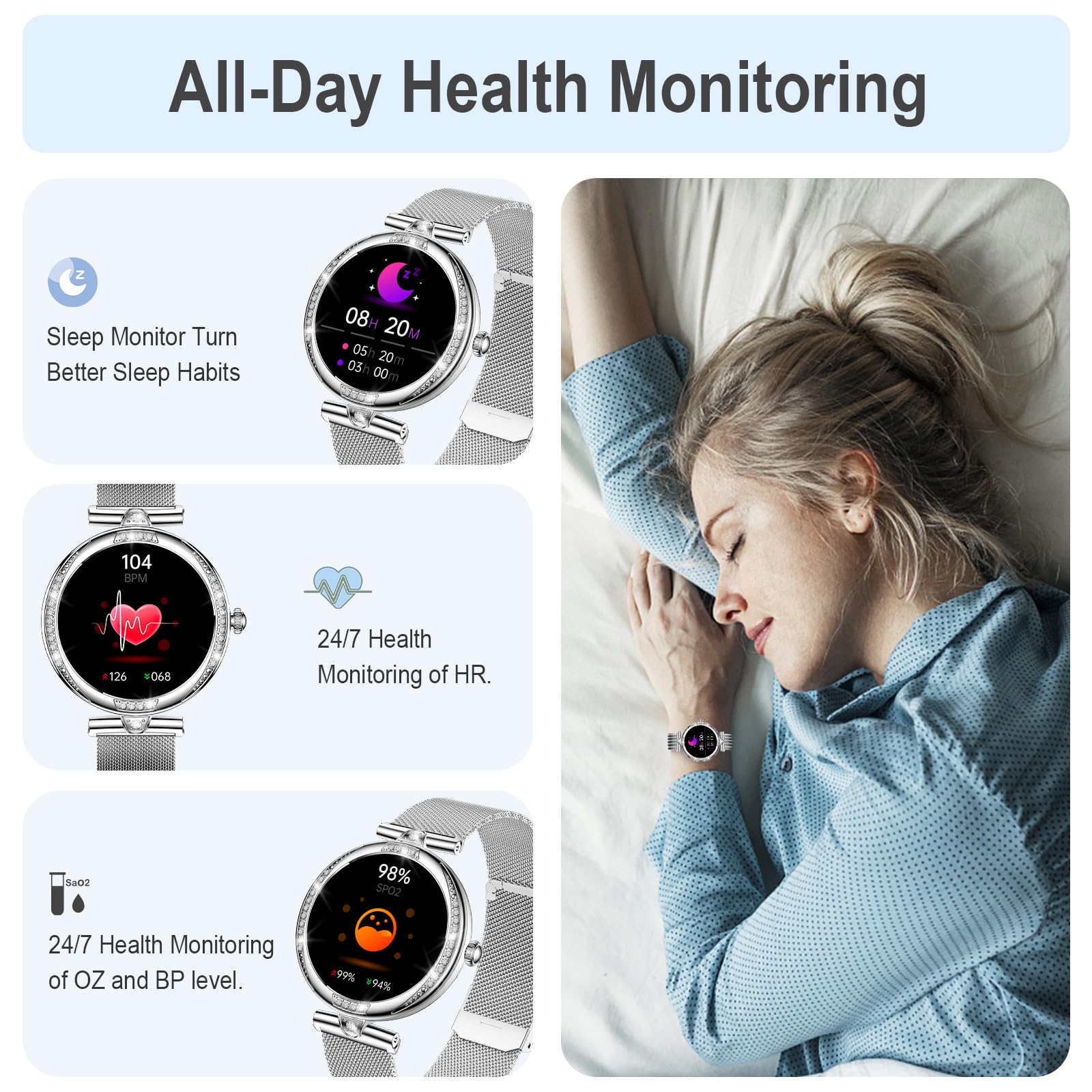 Gadixy Smart Watches For Women(Make/Answer Call) With Diamond:1.1'' Amoled Fitness Tracker For Heart Rate/Blood Pressure/Spo2/Sl