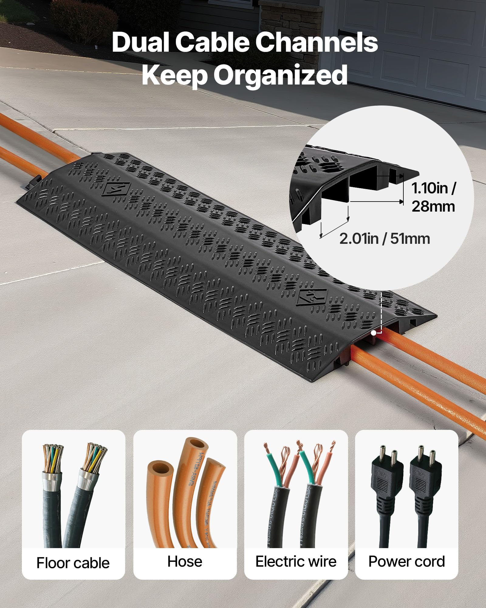Vevor 1 Pack Drop Over Cable Cover, 2 Channel Heavy Duty Cable Hose Protector Ramp, 38.3 Floor Cord Cover, 17,500 Lbs/Axle Loa