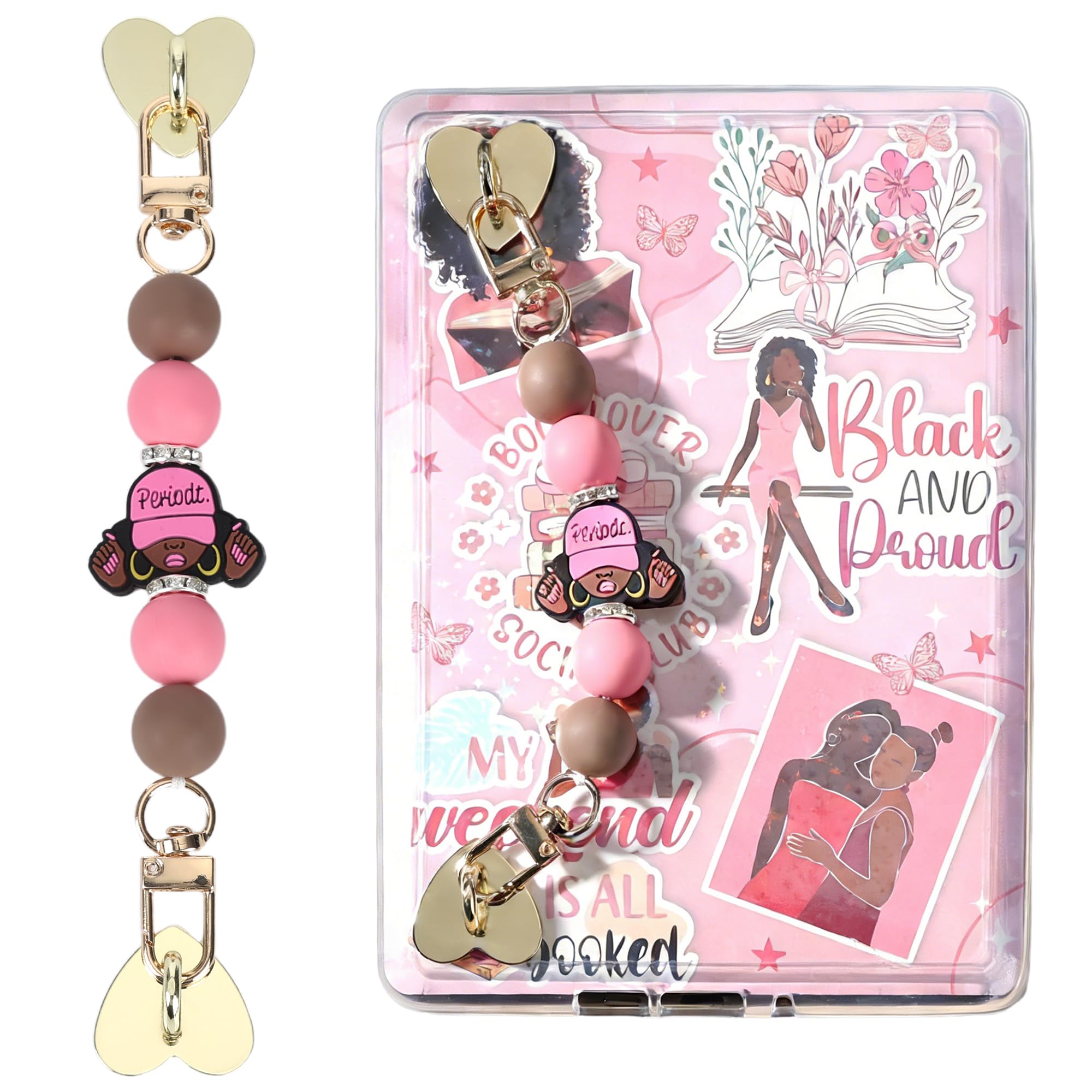 LuneClat Silicone Beaded Strap for Kindle - Brown E-Reader Hand Strap with Black Girls, Grip Chain for Kindle Charm, Bookish Gif