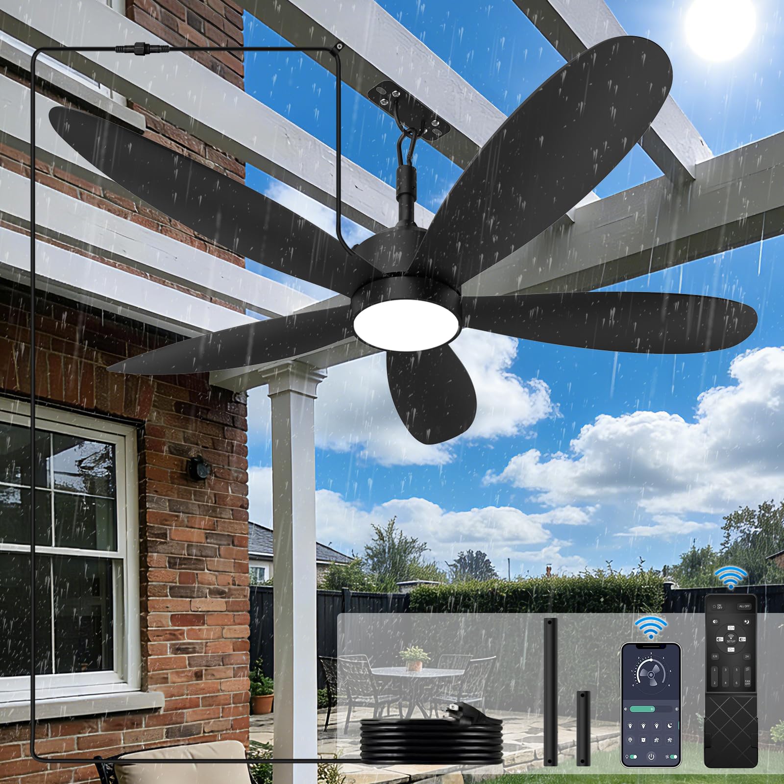 52 Outdoor Ceiling Fan With Light, Plug In Ceiling Fan With Remote, Waterproof IP67 Outdoor Fans For Patios, Gazebo Fan With Lig