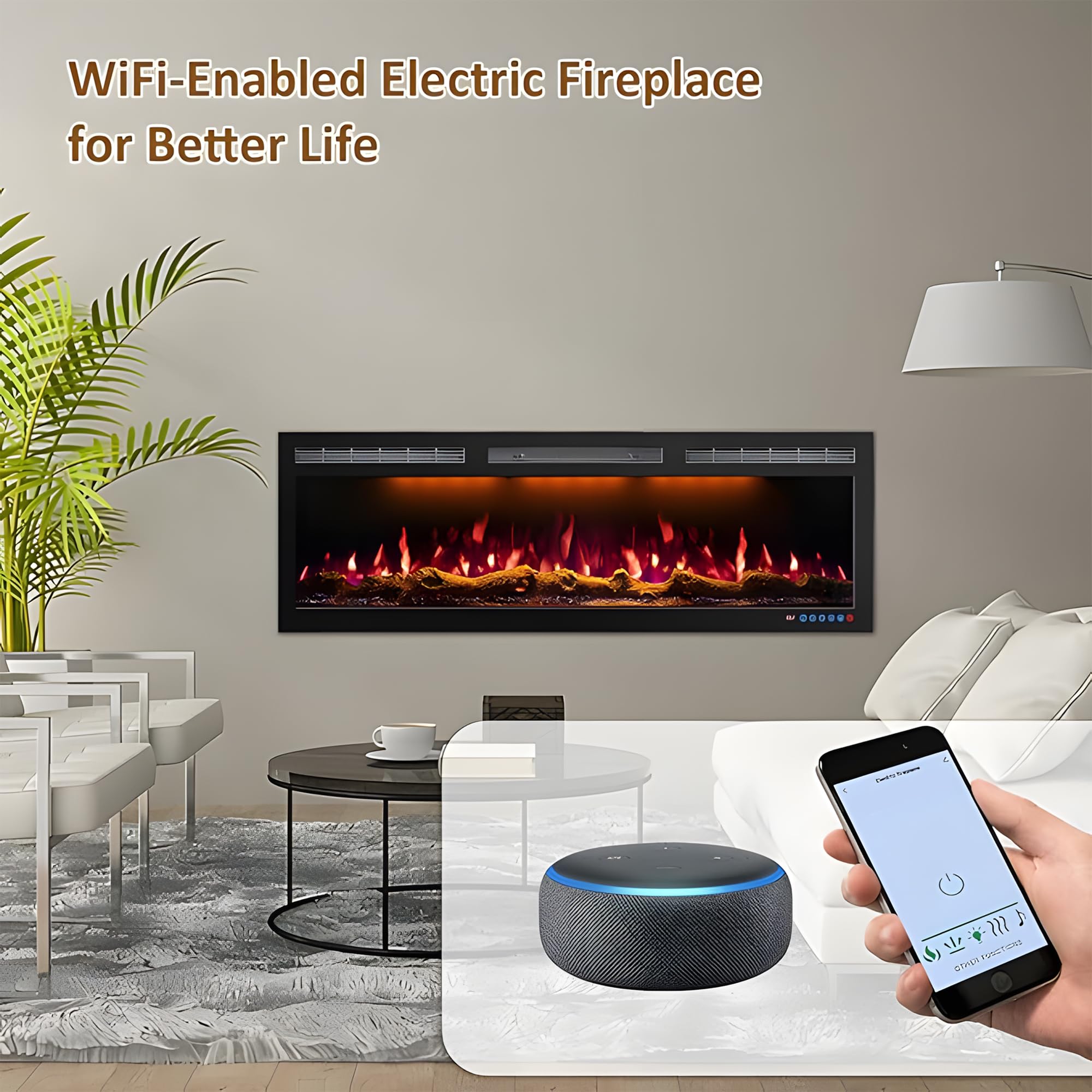 Mystflame Wifi-Enabled Electric Fireplace Recessed & Wall Mounted, 60 Inch Slim Electric Fireplace Heater, 750/1500W, Adjustable
