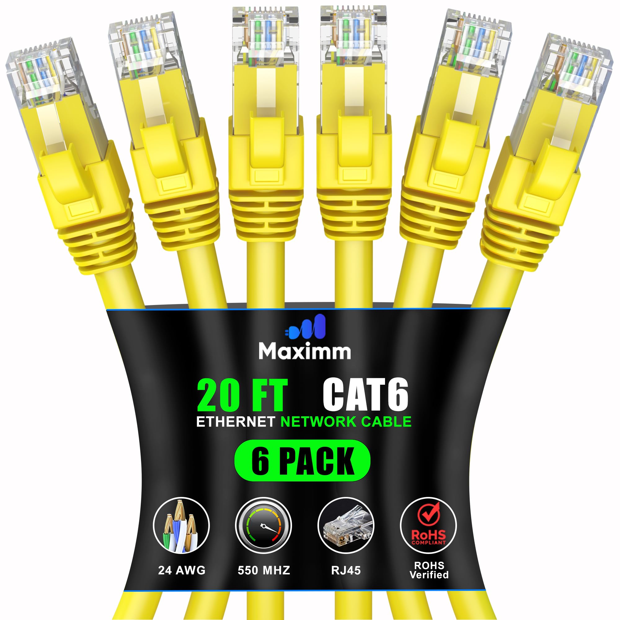 Maximm Cat 6 Ethernet Cable 20 Ft (6 Pack)   High Speed Lan Cable, Internet Cable, Patch Cable, And Network Cable   Utp, 10Gbps, 550Mhz Ethernet Cord   Yellow