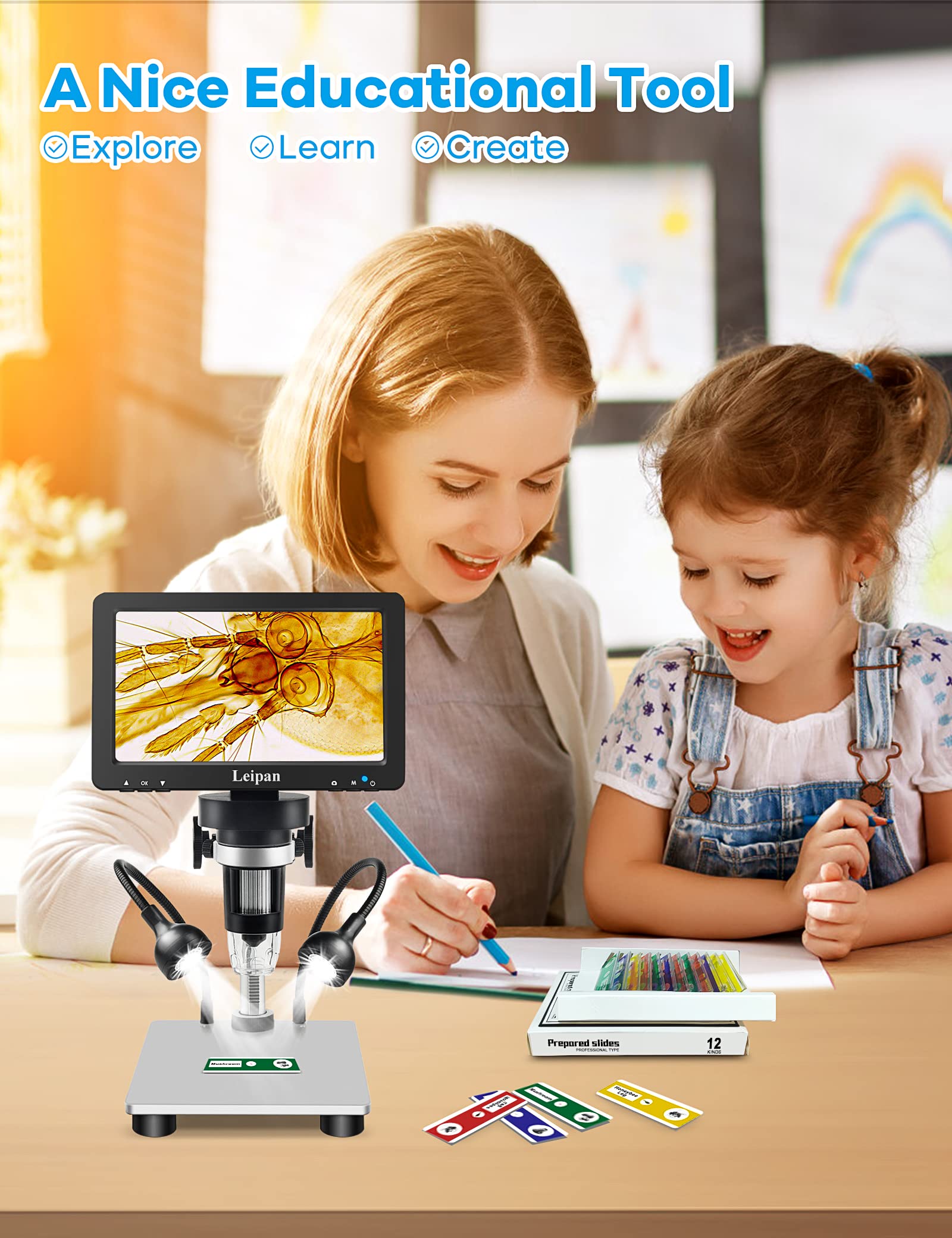 7'' Lcd Digital Microscope 1200X,Leipan 12Mp Coin Microscope With Screen For Adults,1080P Video Microscope With 12Pcs Slides,Wir