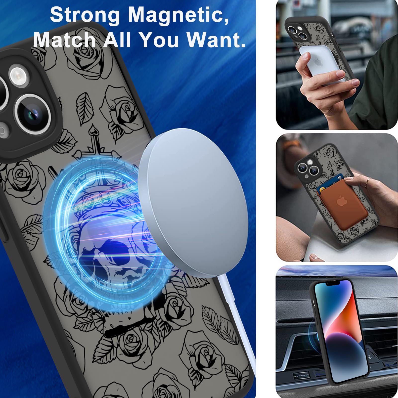 Ook Magnetic For Iphone 14 Plus Case Black Flower Skull Pattern [Compatible With Magsafe] Slim Translucent Matte Camera Lens Pro