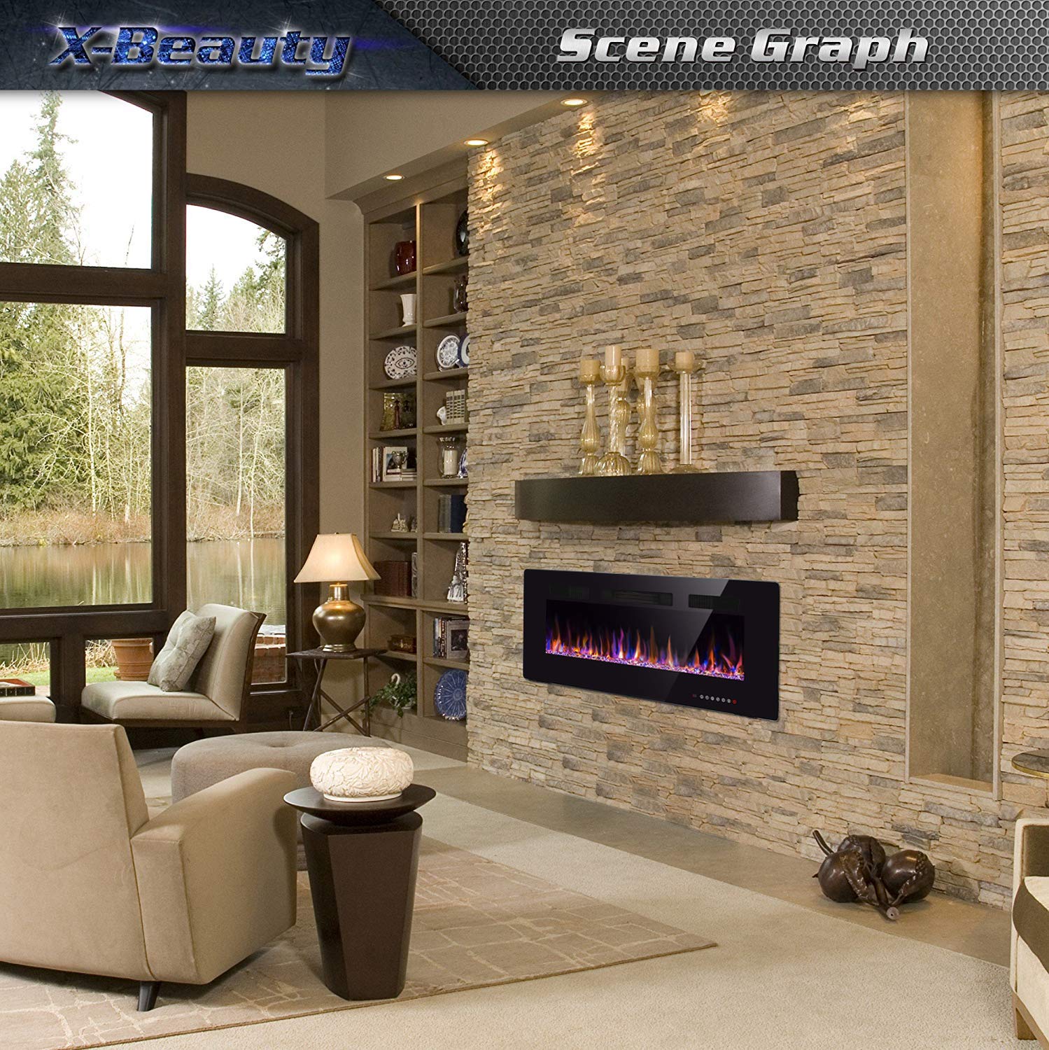 Xbeauty 68 Electric Fireplace In-Wall Recessed And Wall Mounted 1500W Fireplace Heater And Linear Fireplace With Timer/Multicolo