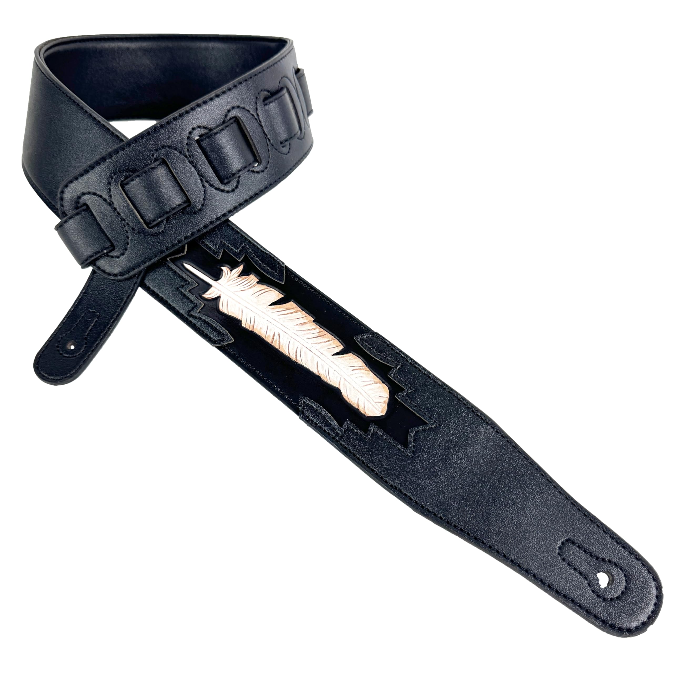 Walker & Williams Cvg 115 Black Leather Padded Guitar Strap Hand Tooled Feather For Acoustic, Electric, And Bass Guitars
